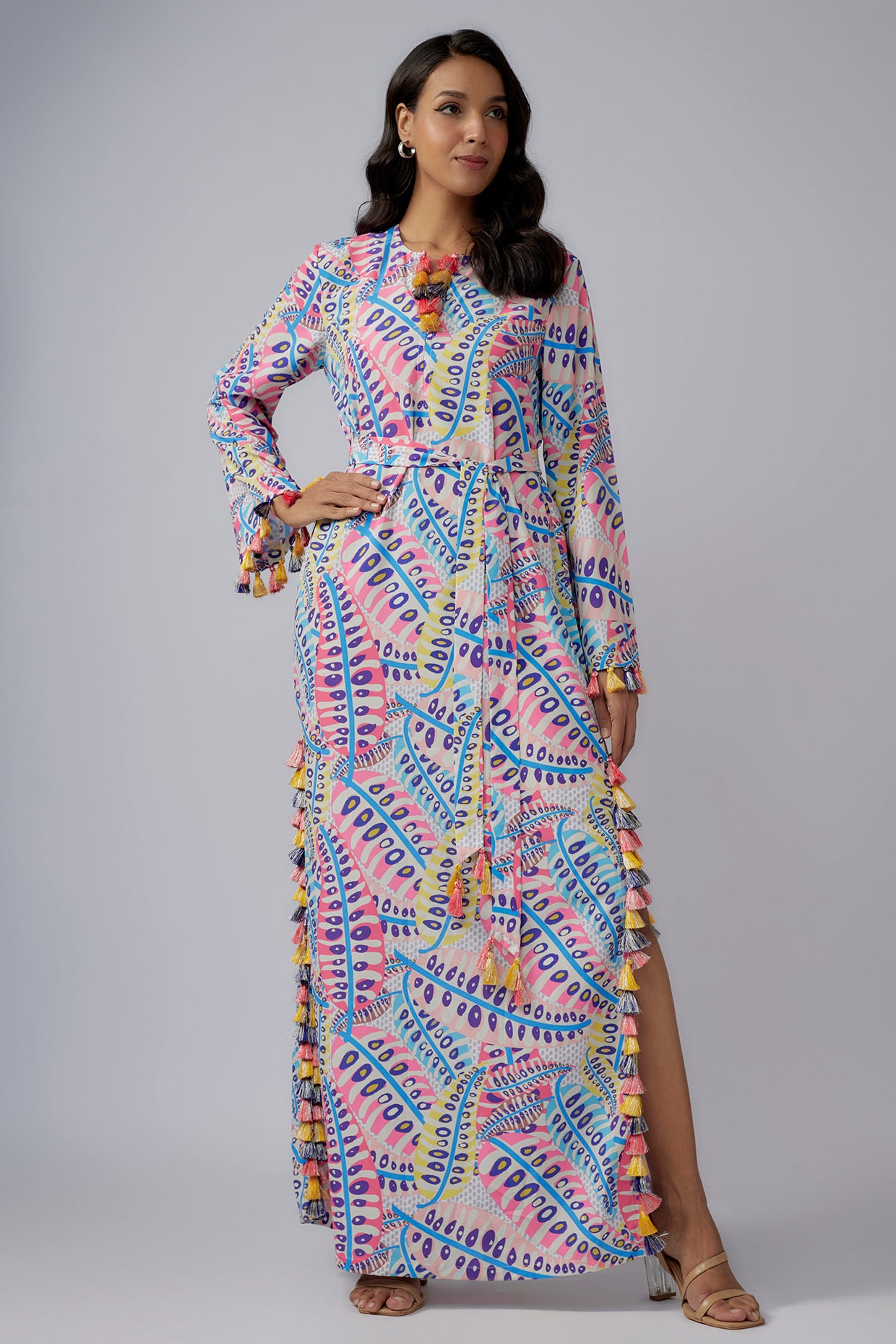 Blue Printed Art Crepe Long Beyza Kaftan With Belt