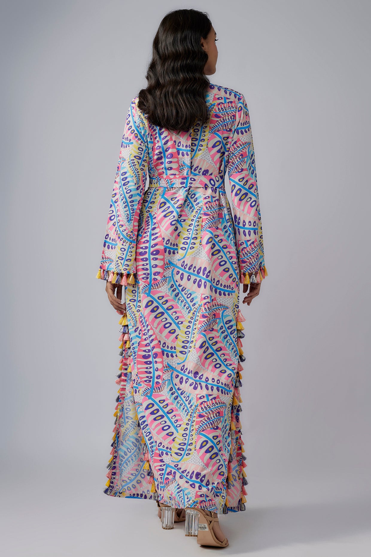 Blue Printed Art Crepe Long Beyza Kaftan With Belt