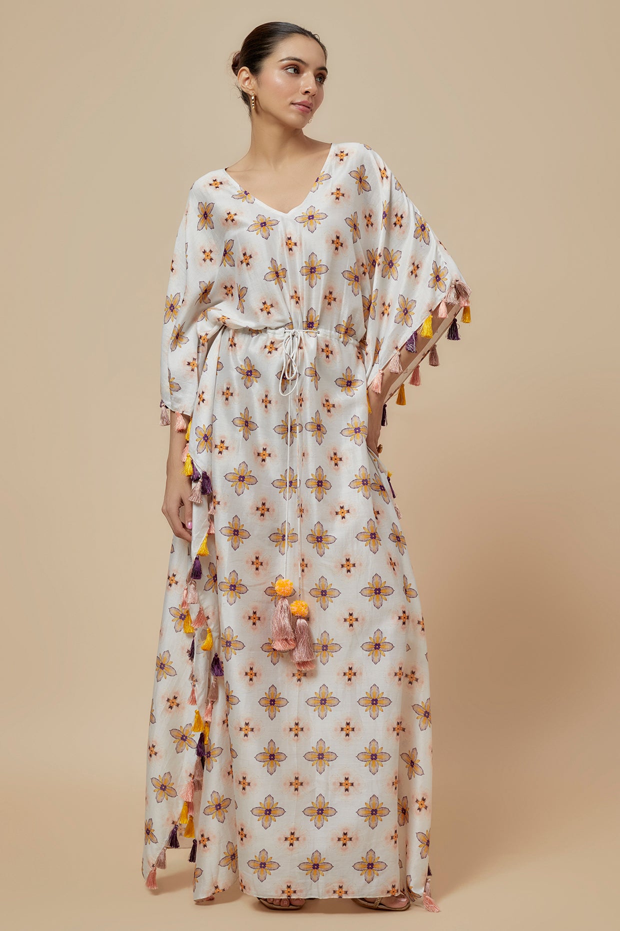 Ivory Printed Silkmul Kaftan