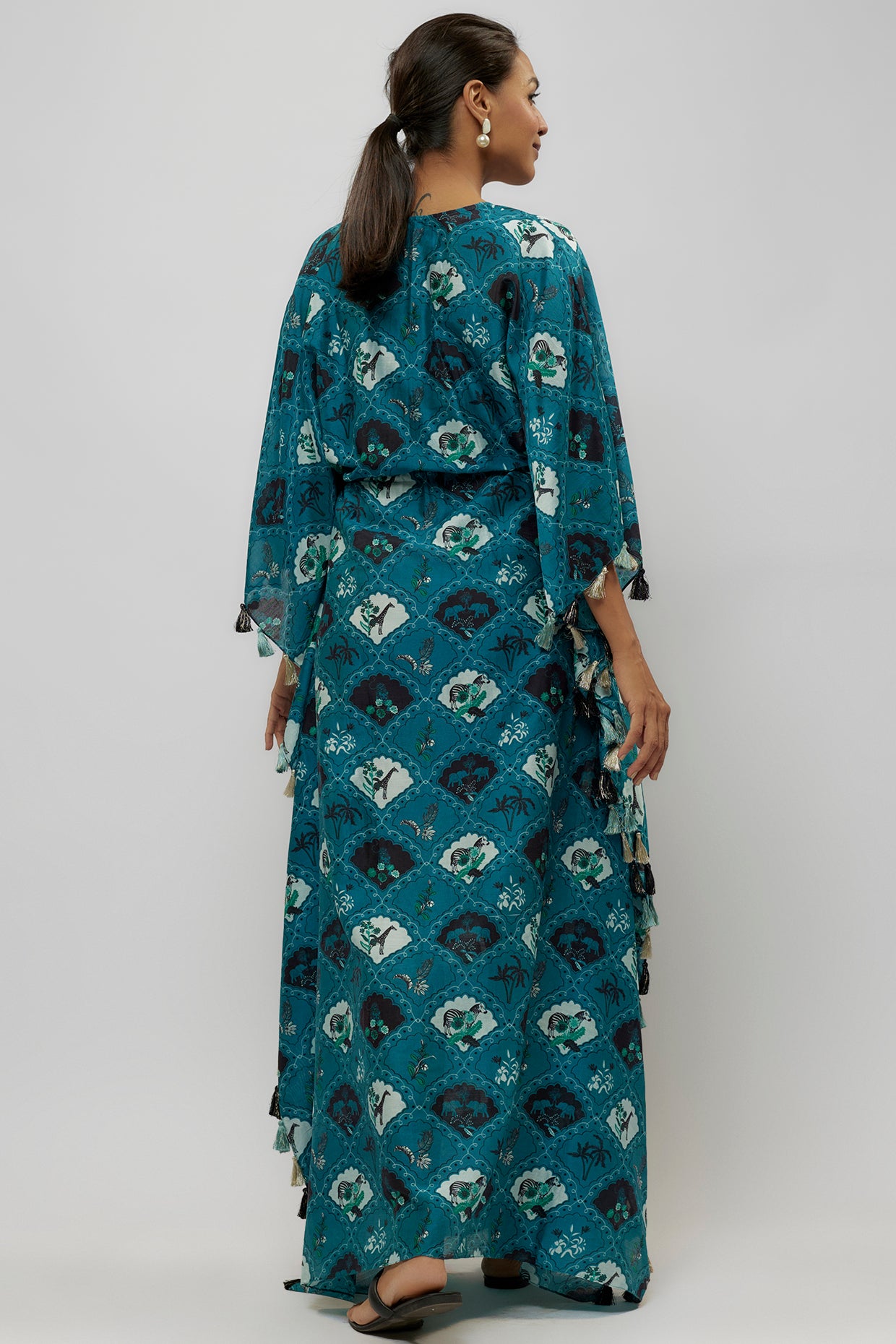 Teal Printed Silkmul Kaftan