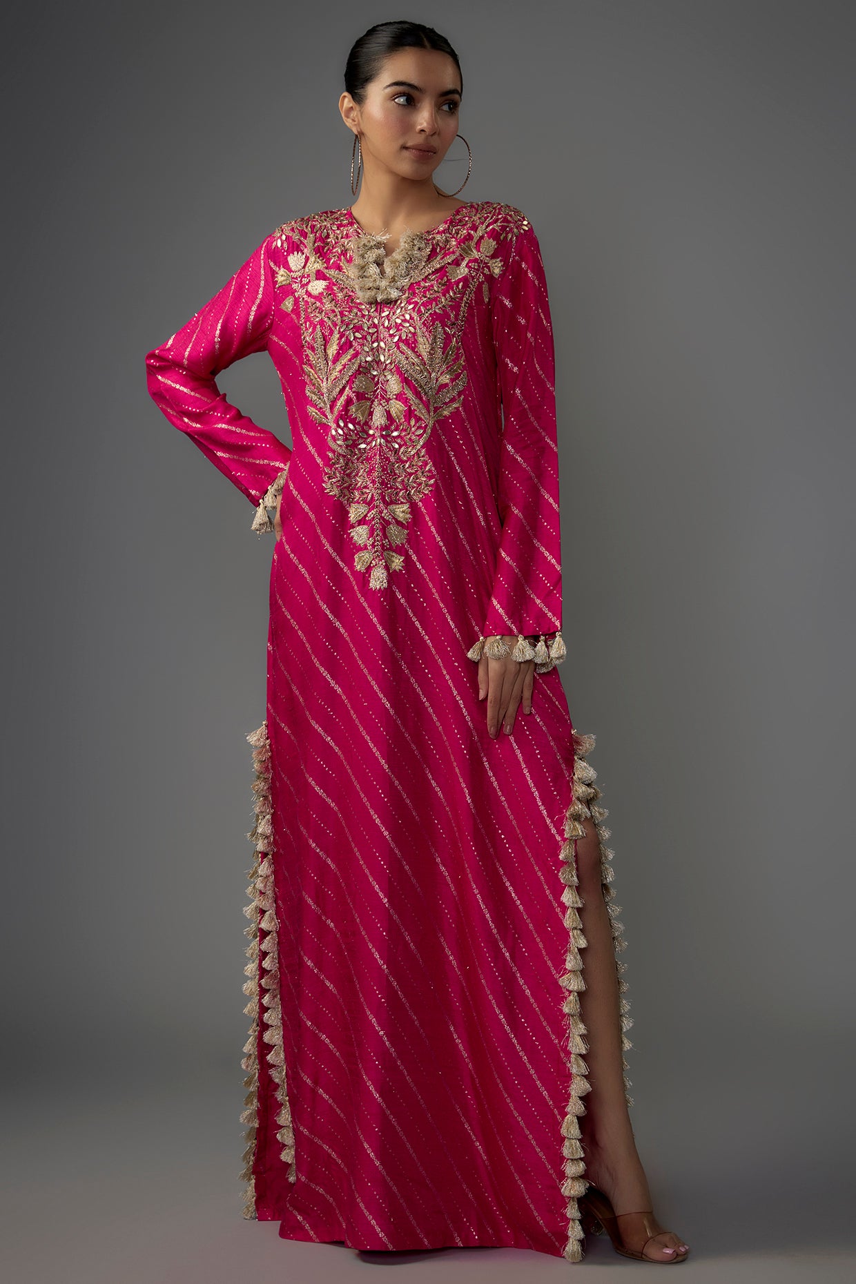 Hot Pink Embroidered Long Beyza Kaftan