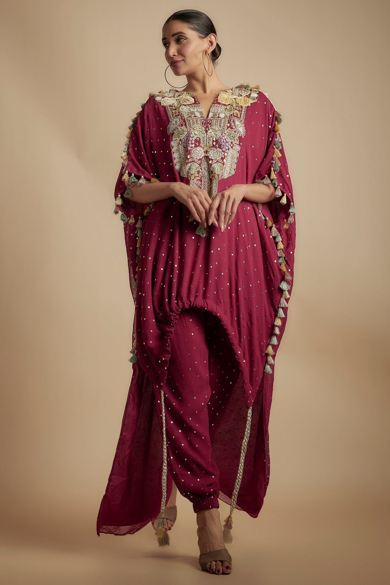 Maroon Embroidered High Low Kurta Set