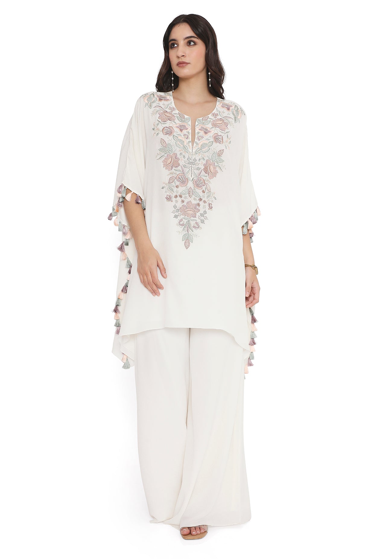 Ivory Embroidered Crepe Kaftan With Crepe Palazzo