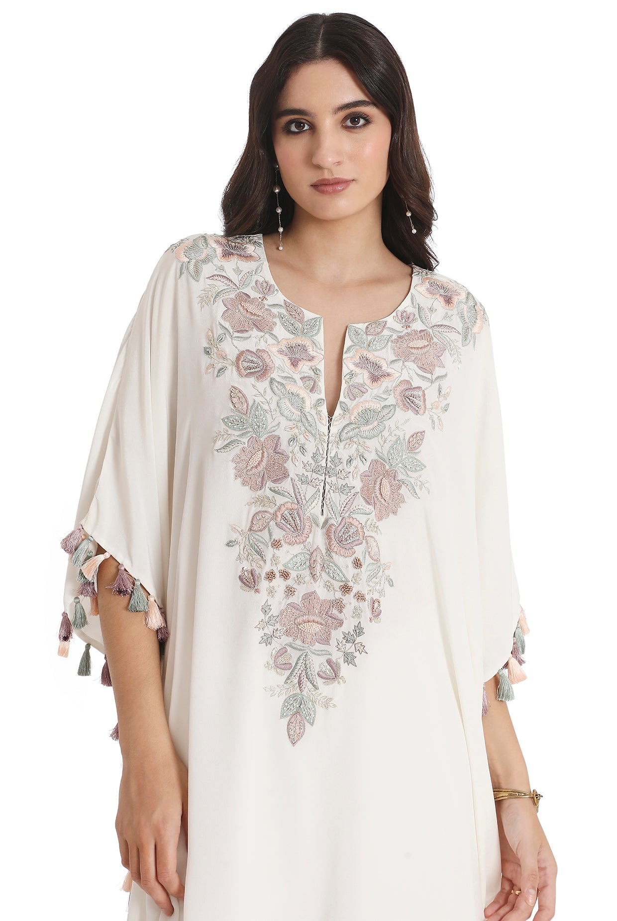 Ivory Embroidered Crepe Kaftan With Crepe Palazzo