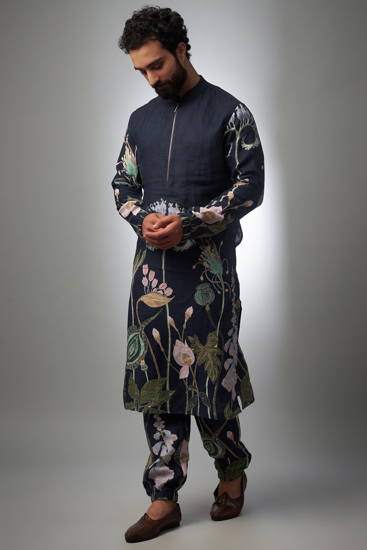 Navy Printed Linen Bomber Kurta Set