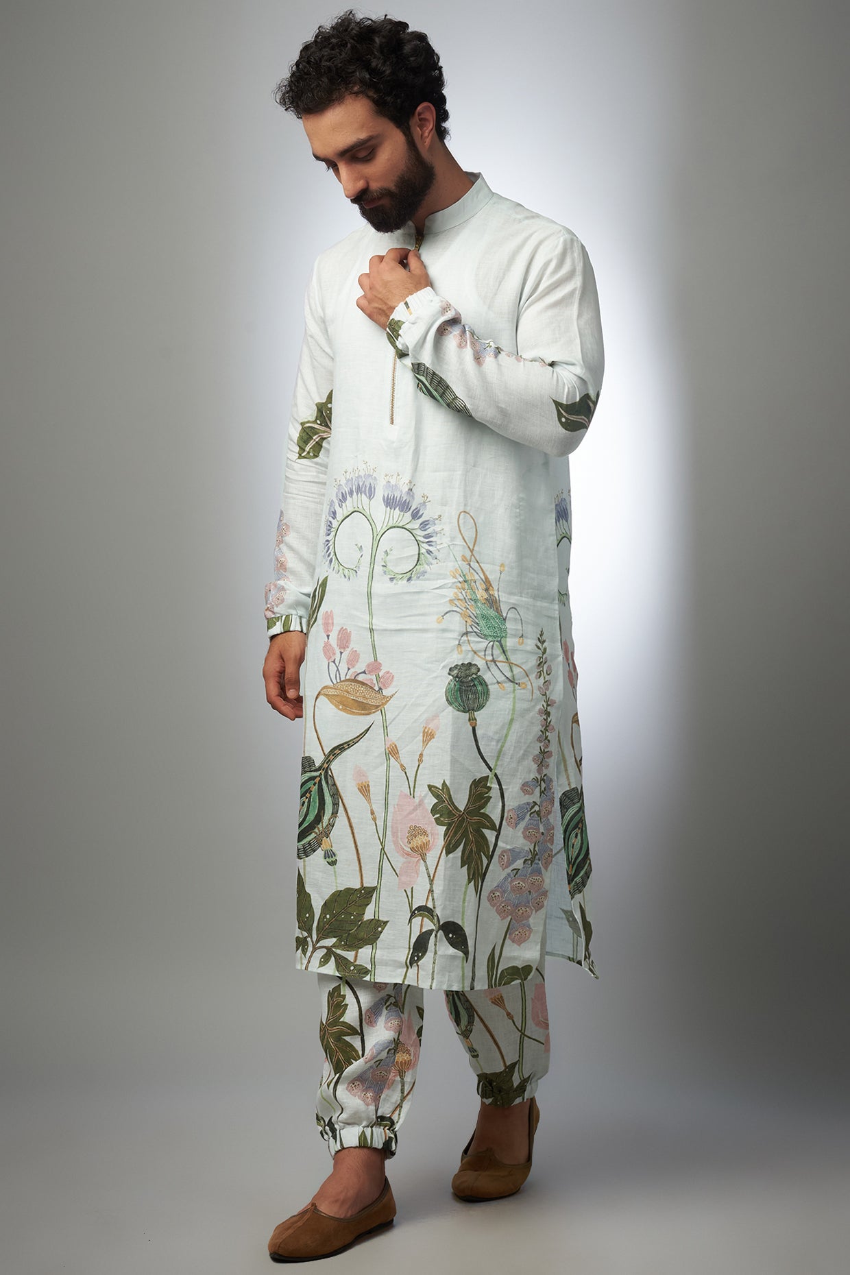 White Printed Linen Bomber Kurta Set