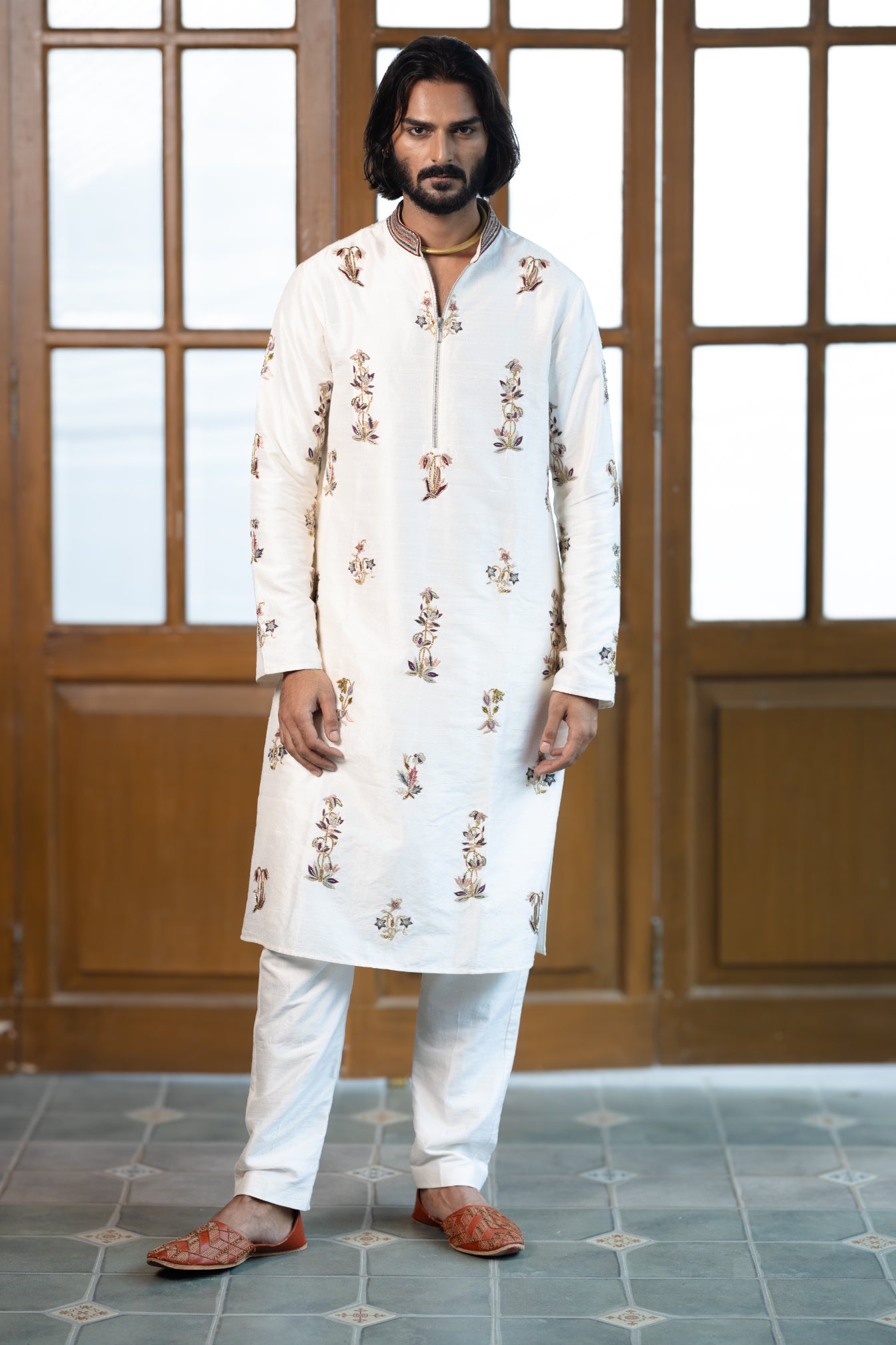 Off White Embroidered Kurta With Pant