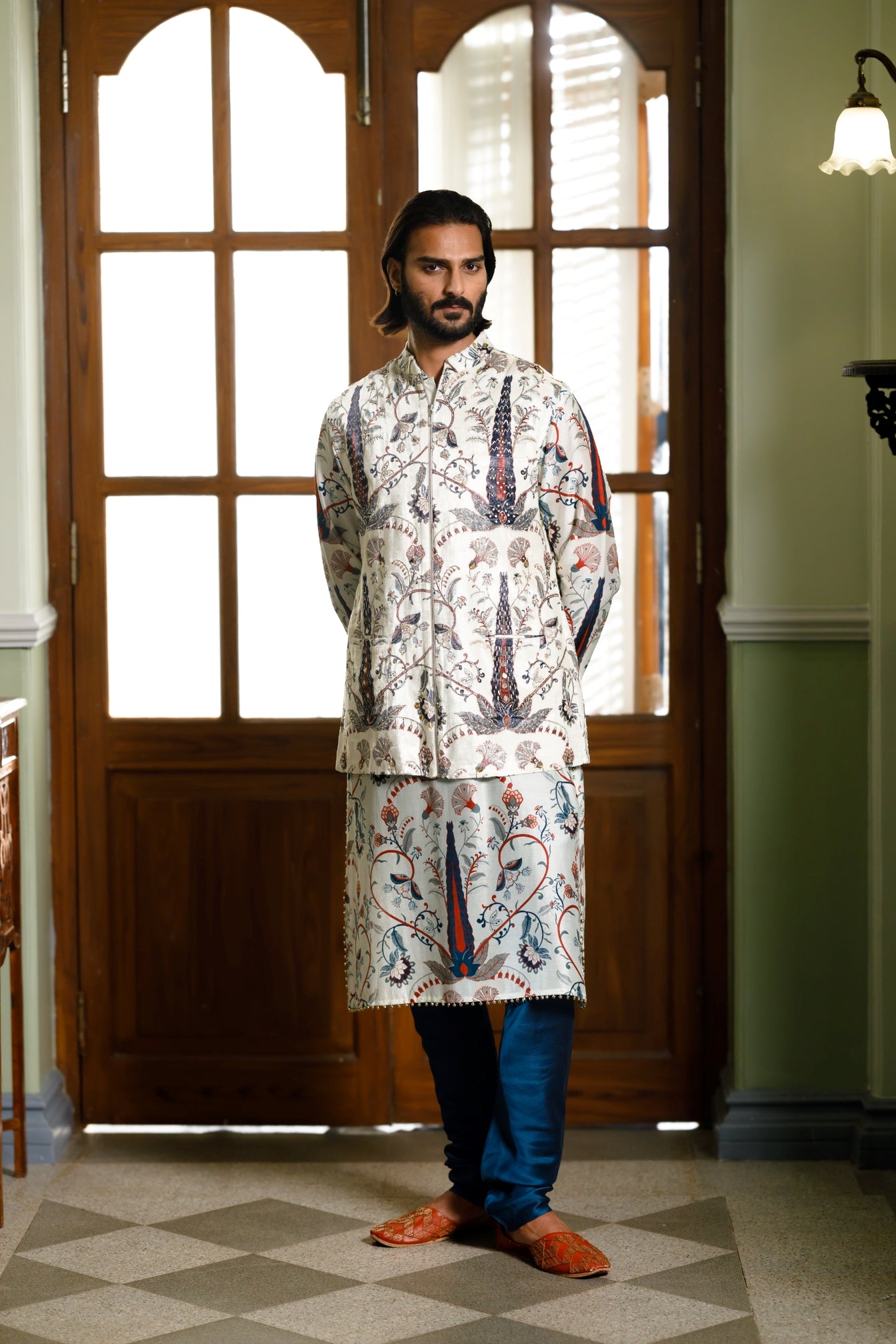 Blue Embroidered Printed Kurta With Churidar