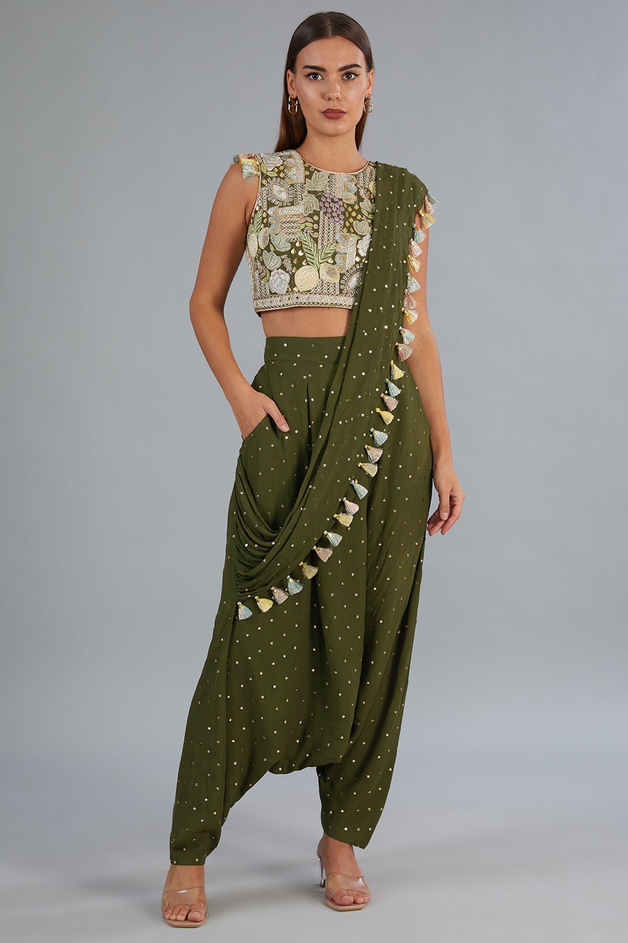 Olive Green Embroidered Top With Pant