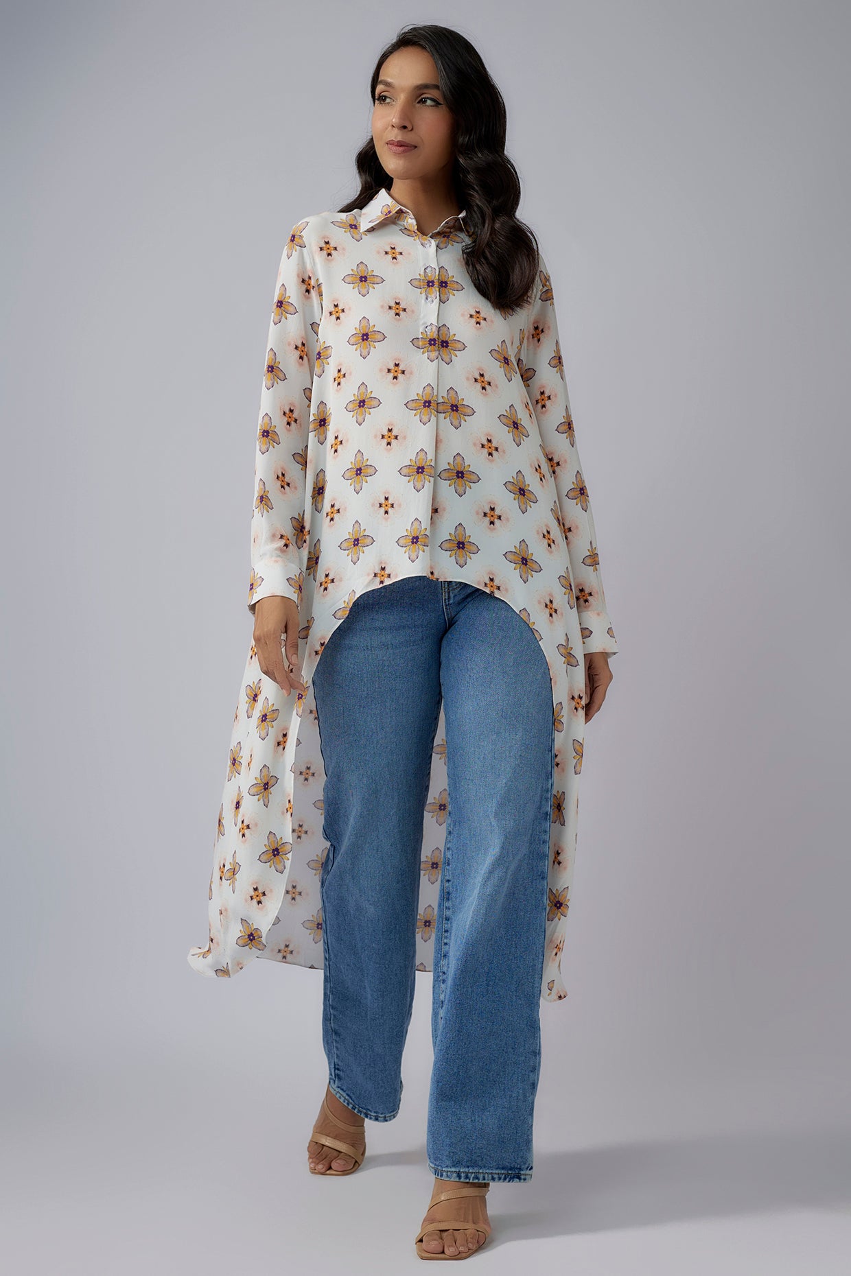 Ivory Printed Crepe High Low Tunic