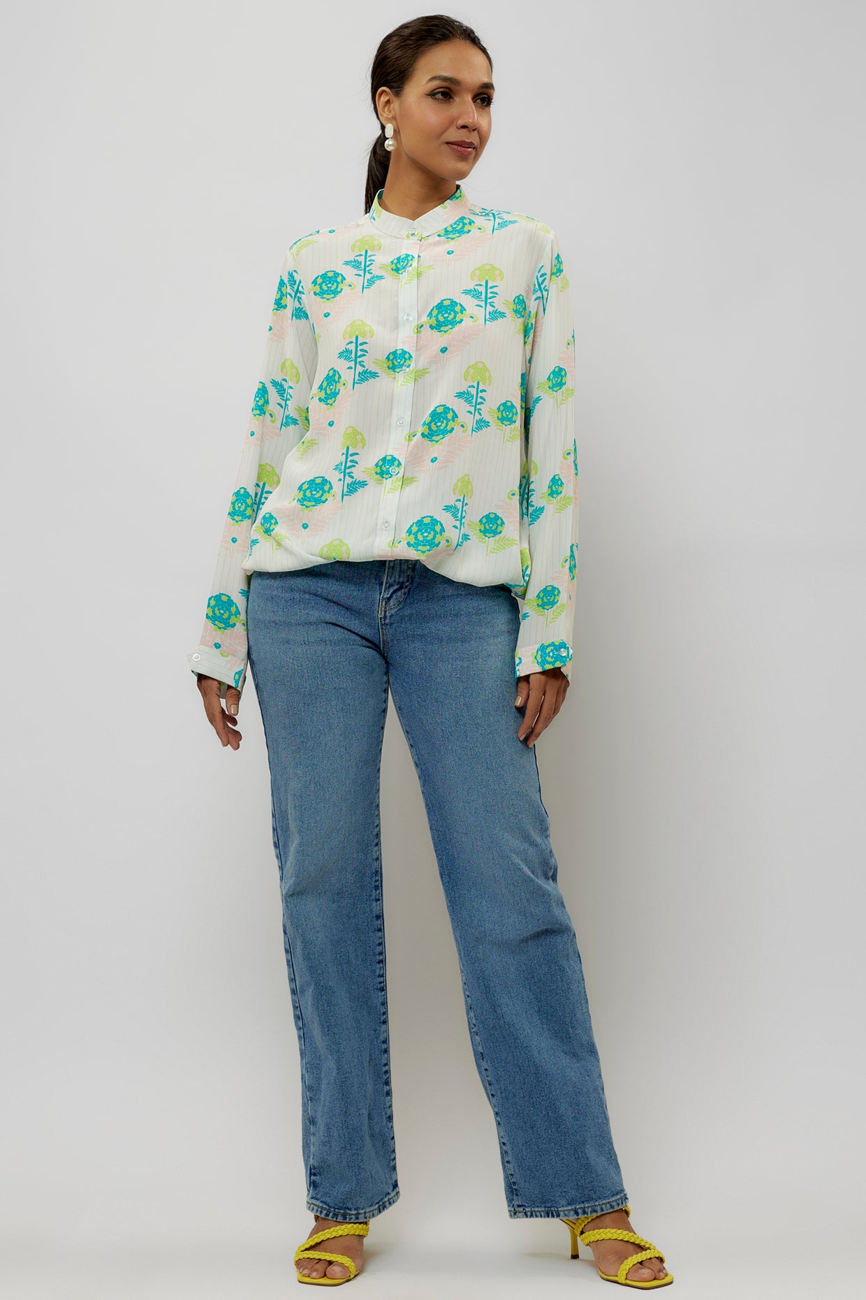 Teal Printed Crepe Front Drawstring Top