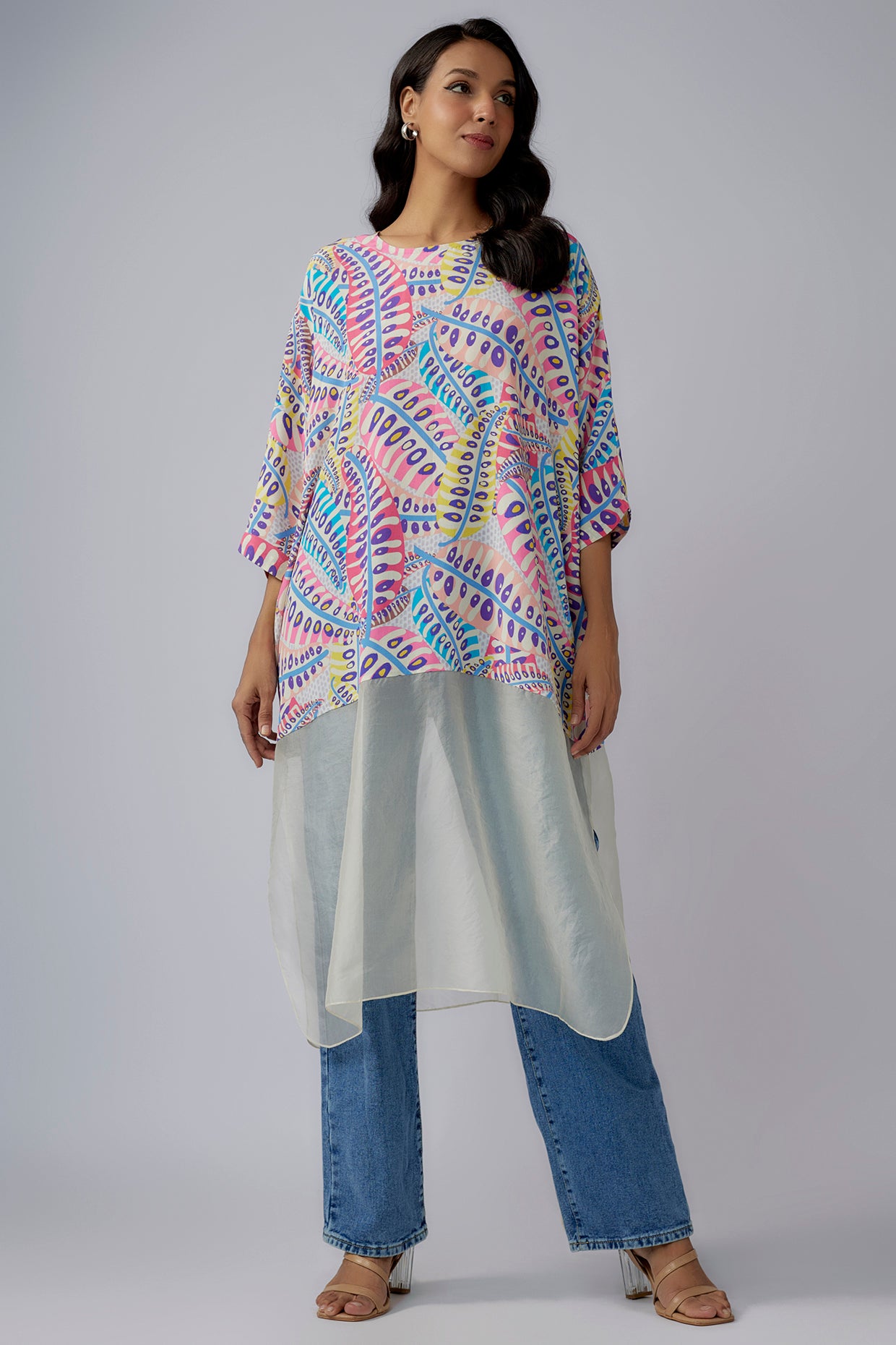 Blue Printed Crepe And Organza Raneem Tunic