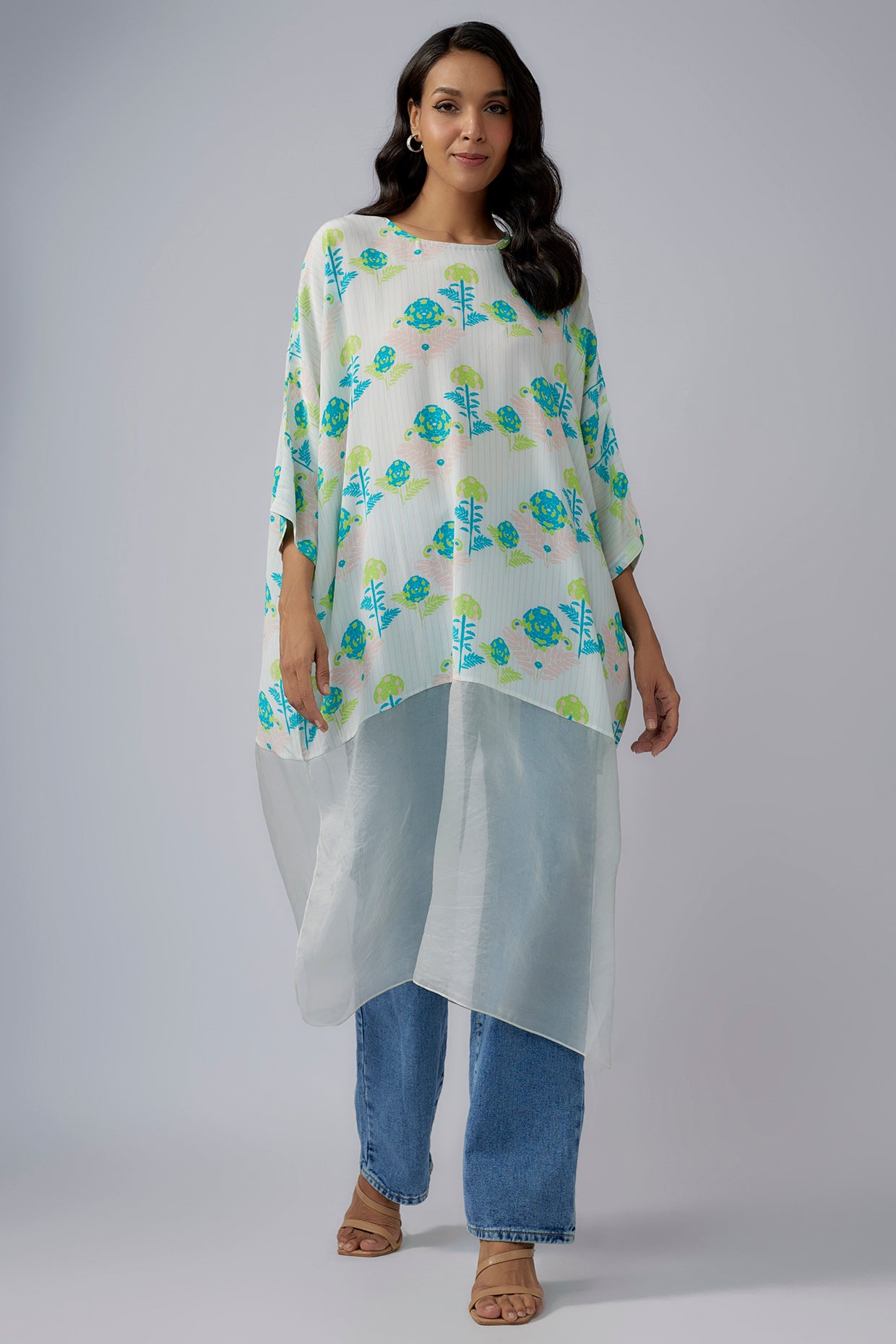 Green Printed Crepe And Organza Raneem Tunic