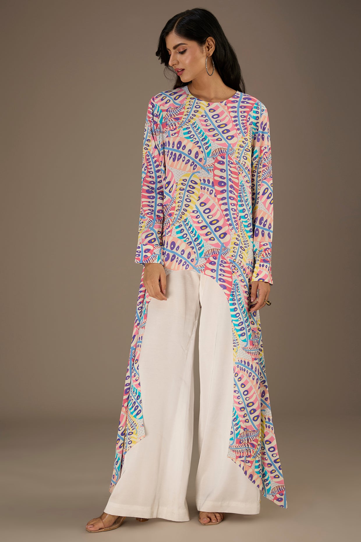 Blue Printed Crepe Tunic With Side Tail