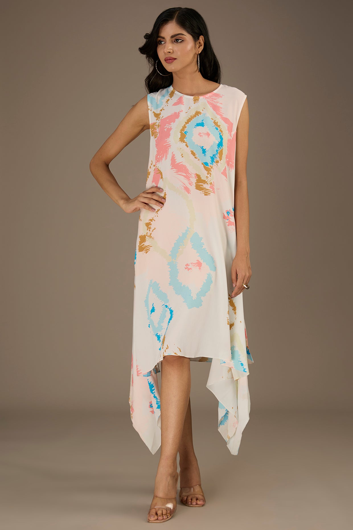 White Printed Crepe Dress With Side Drape