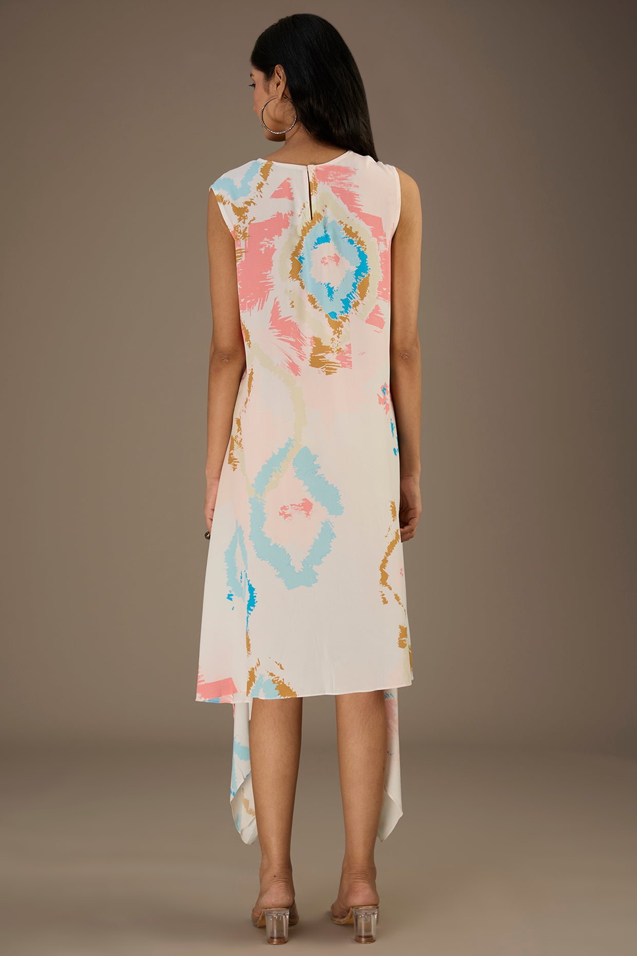 White Printed Crepe Dress With Side Drape