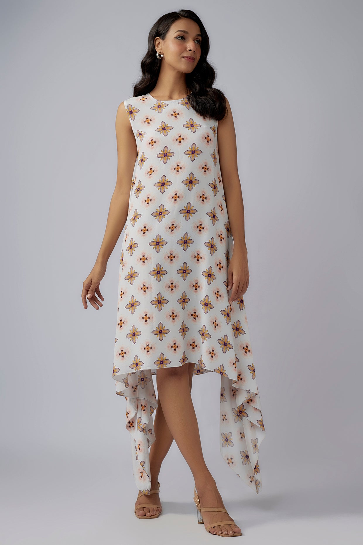 Ivory Printed Crepe Side Tail Tunic