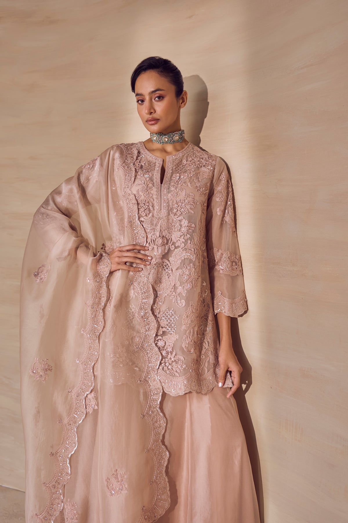 Powder Veil Embroidered Sharara Set