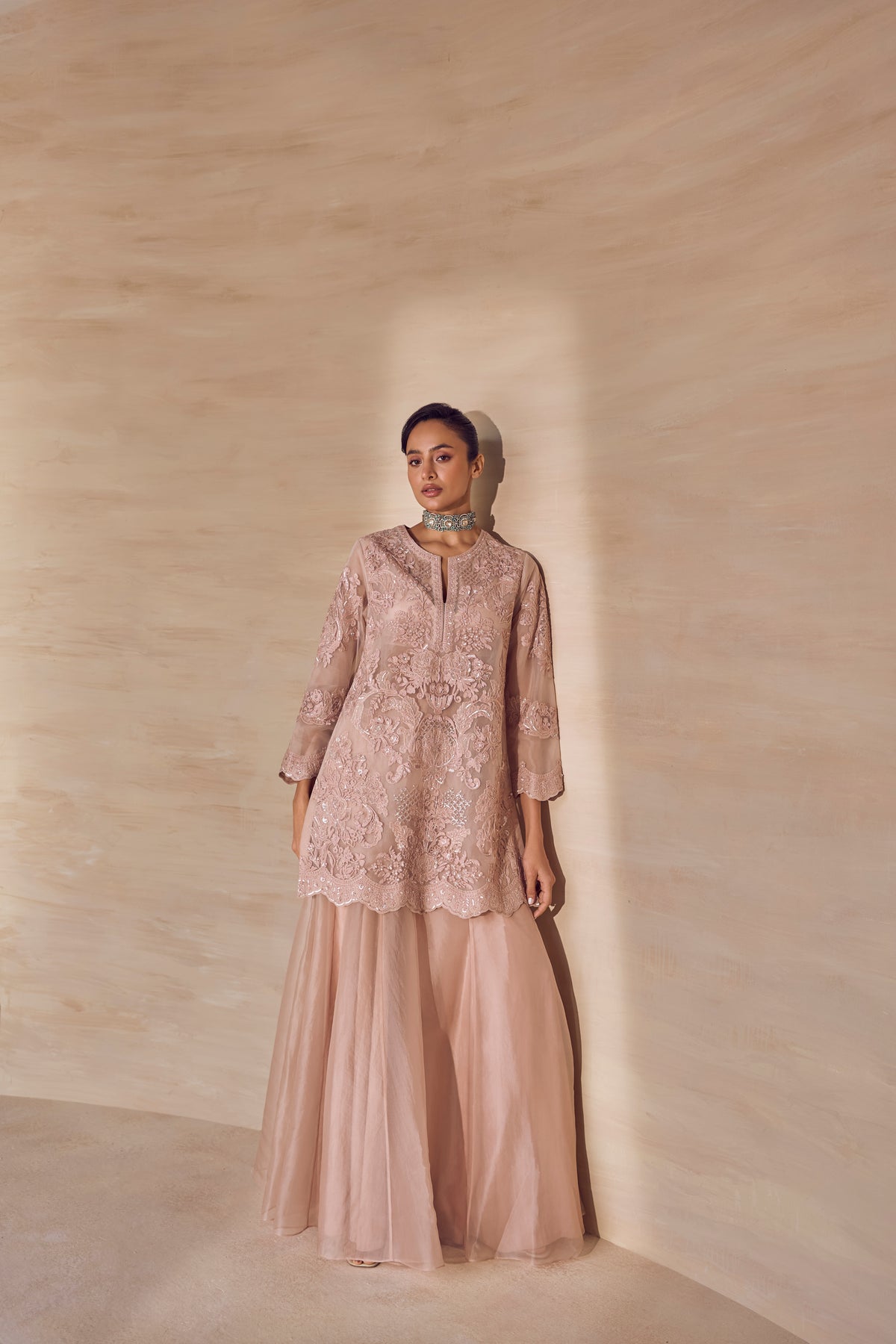 Powder Veil Embroidered Sharara Set