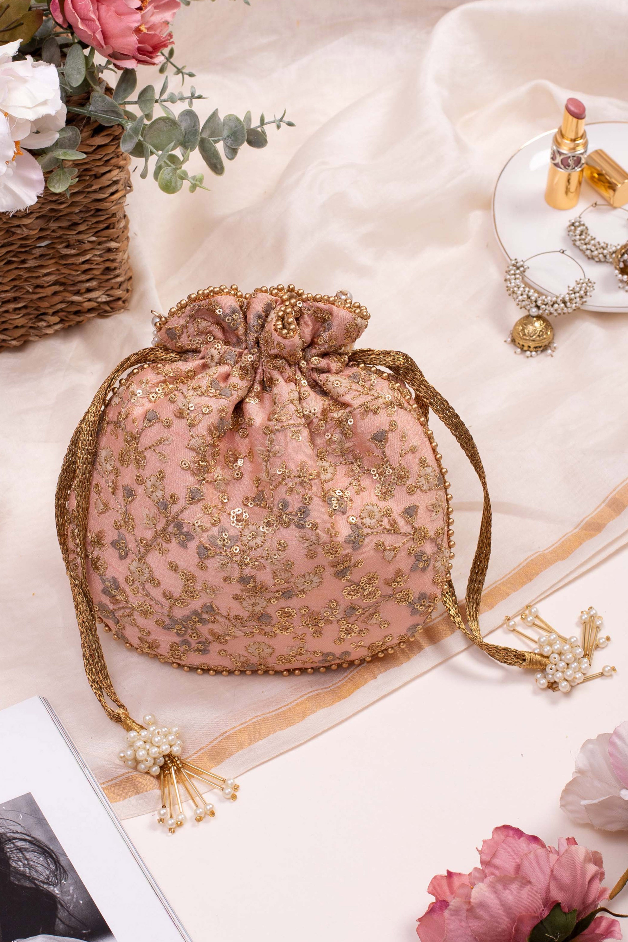 Peach Floral Embroidered Potli Bag