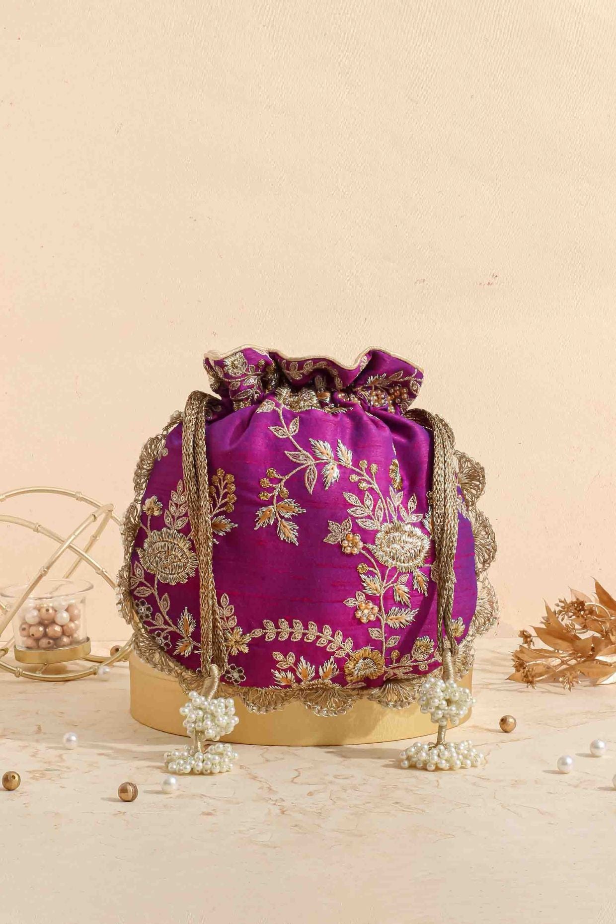 Purple Embroidered Scallop Potli Bag