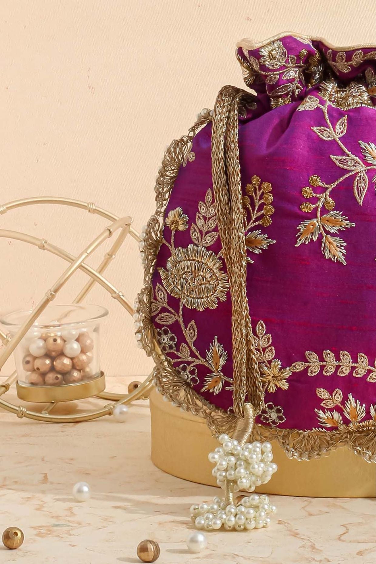 Purple Embroidered Scallop Potli Bag