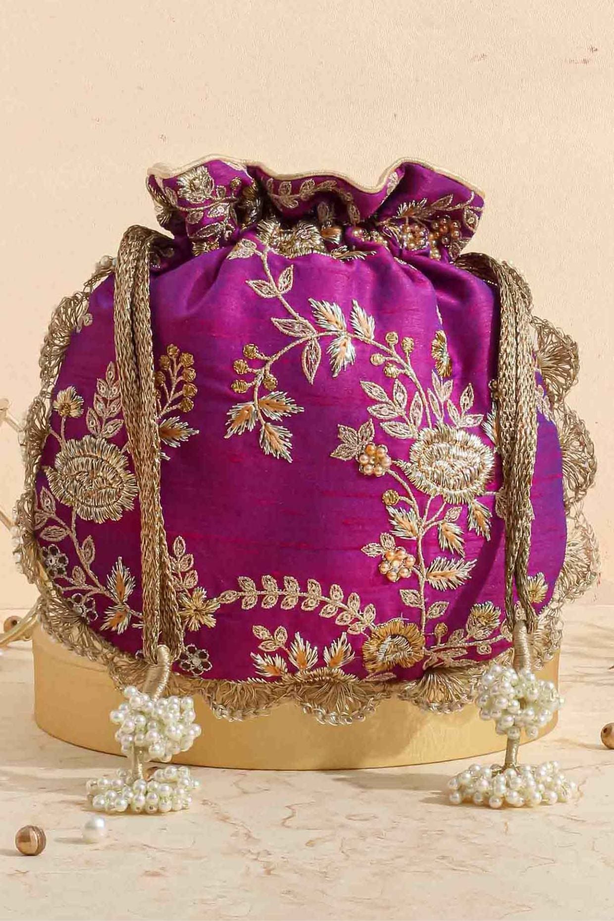 Purple Embroidered Scallop Potli Bag