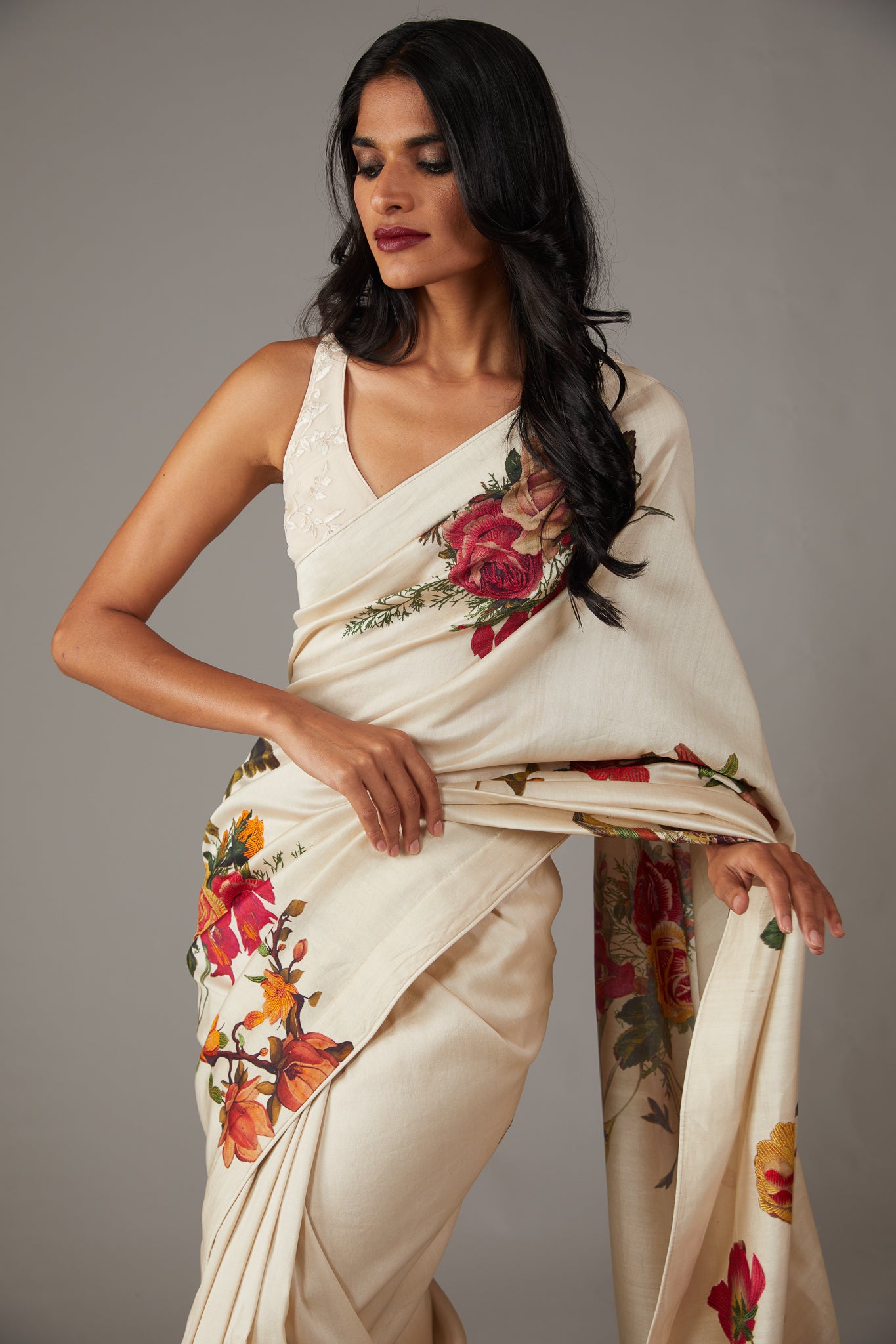Chanderi Silk Saree With Multicolour Floral  Embroidery
