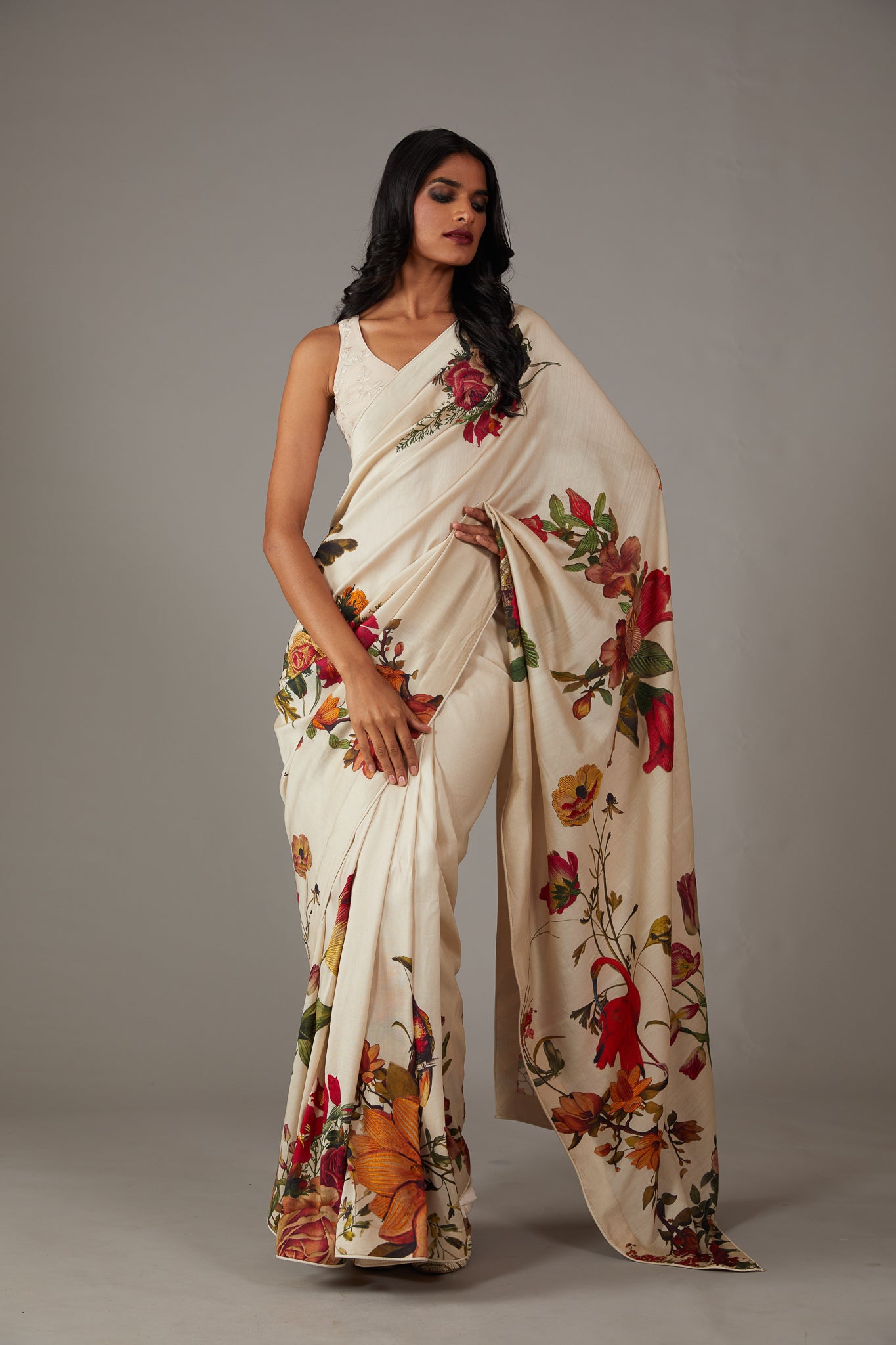 Chanderi Silk Saree With Multicolour Floral  Embroidery