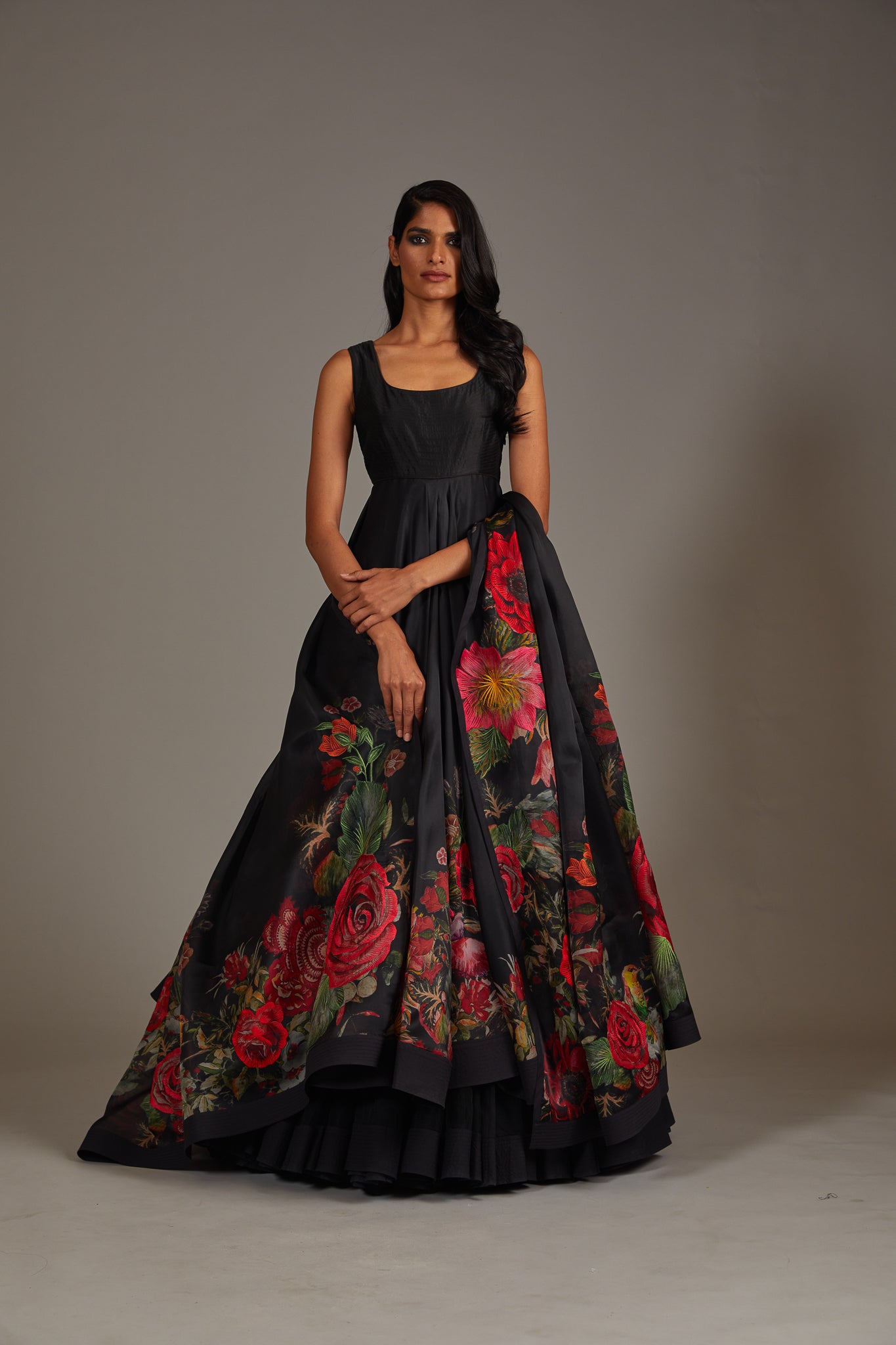 Black Anarkali Set With Multicolour Print