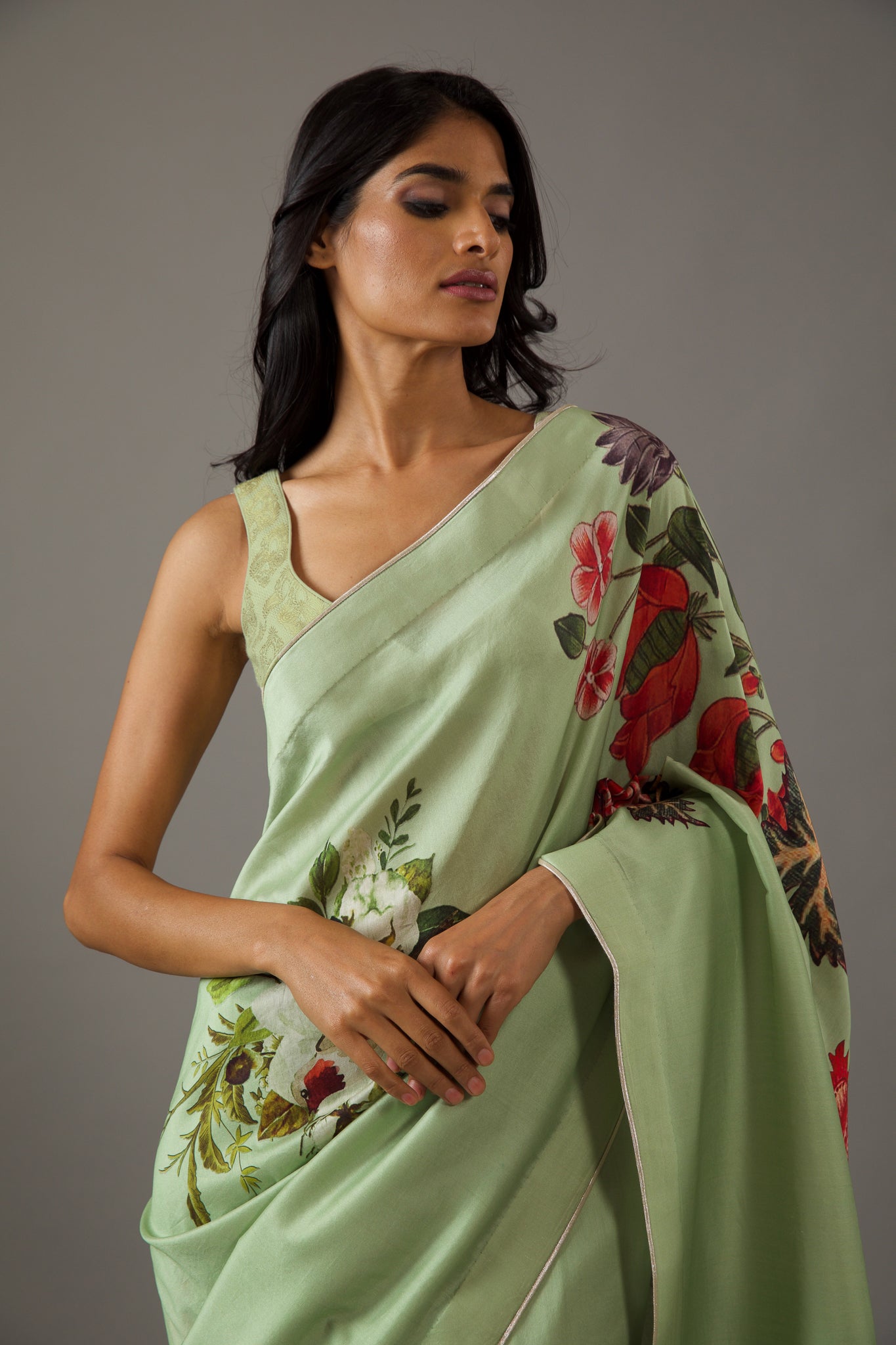 Mint Green Silk Chanderi Saree With Floral Multicolour Print