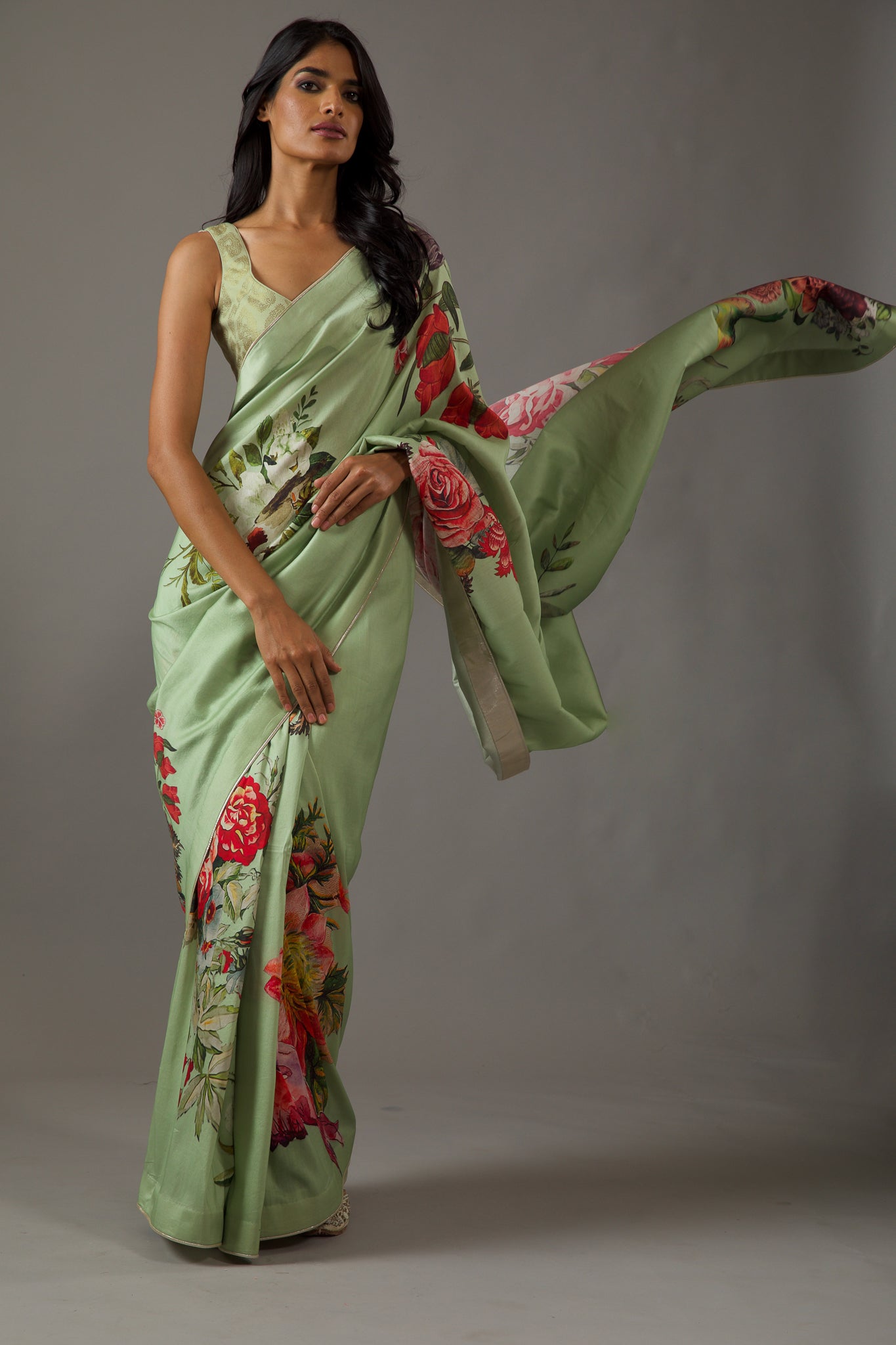Mint Green Silk Chanderi Saree With Floral Multicolour Print