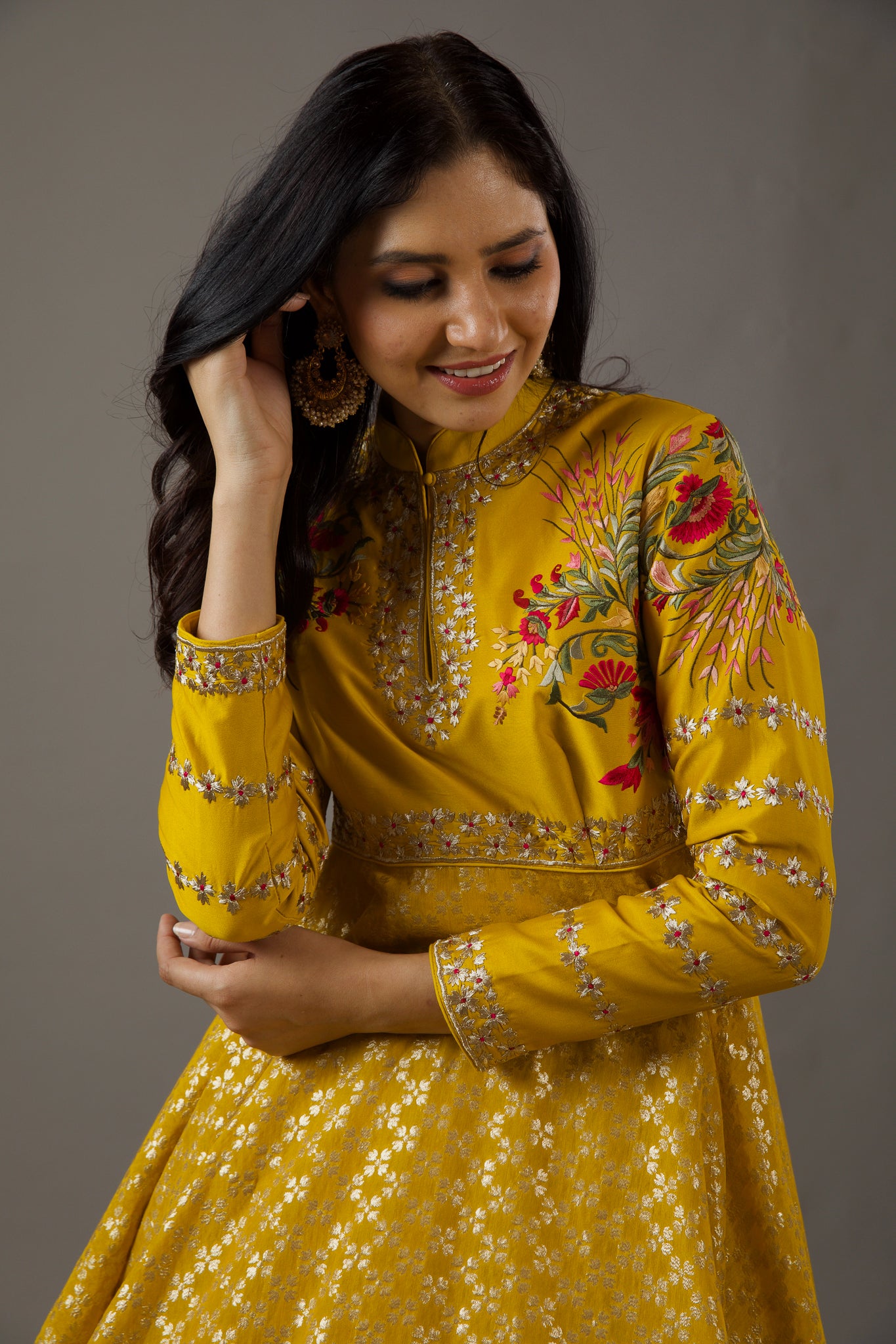 Mustard Chanderi Anarkali Set With Embroidery