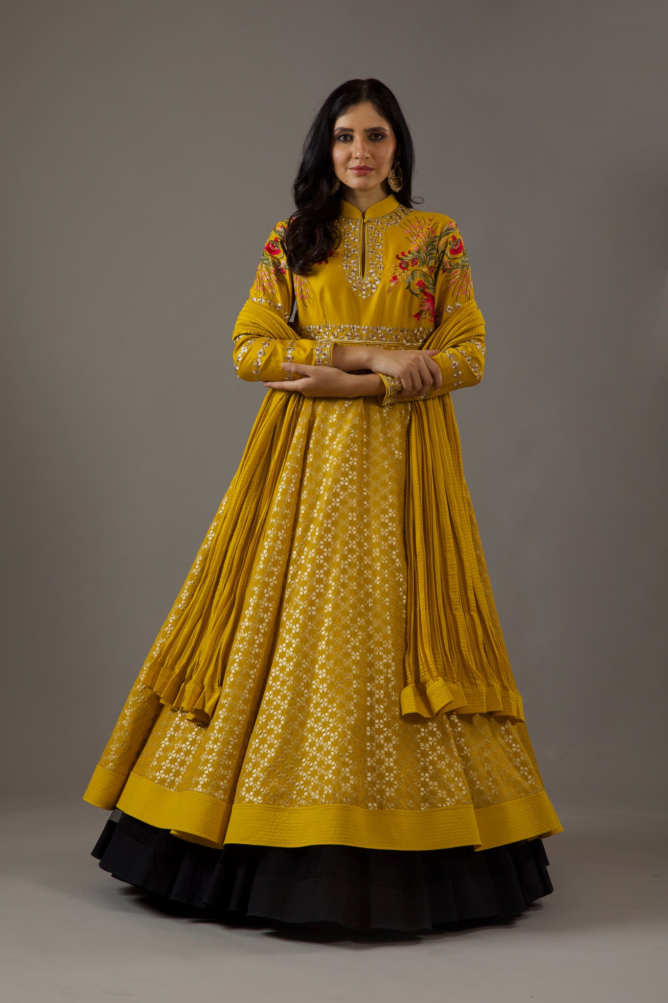 Mustard Chanderi Anarkali Set With Embroidery