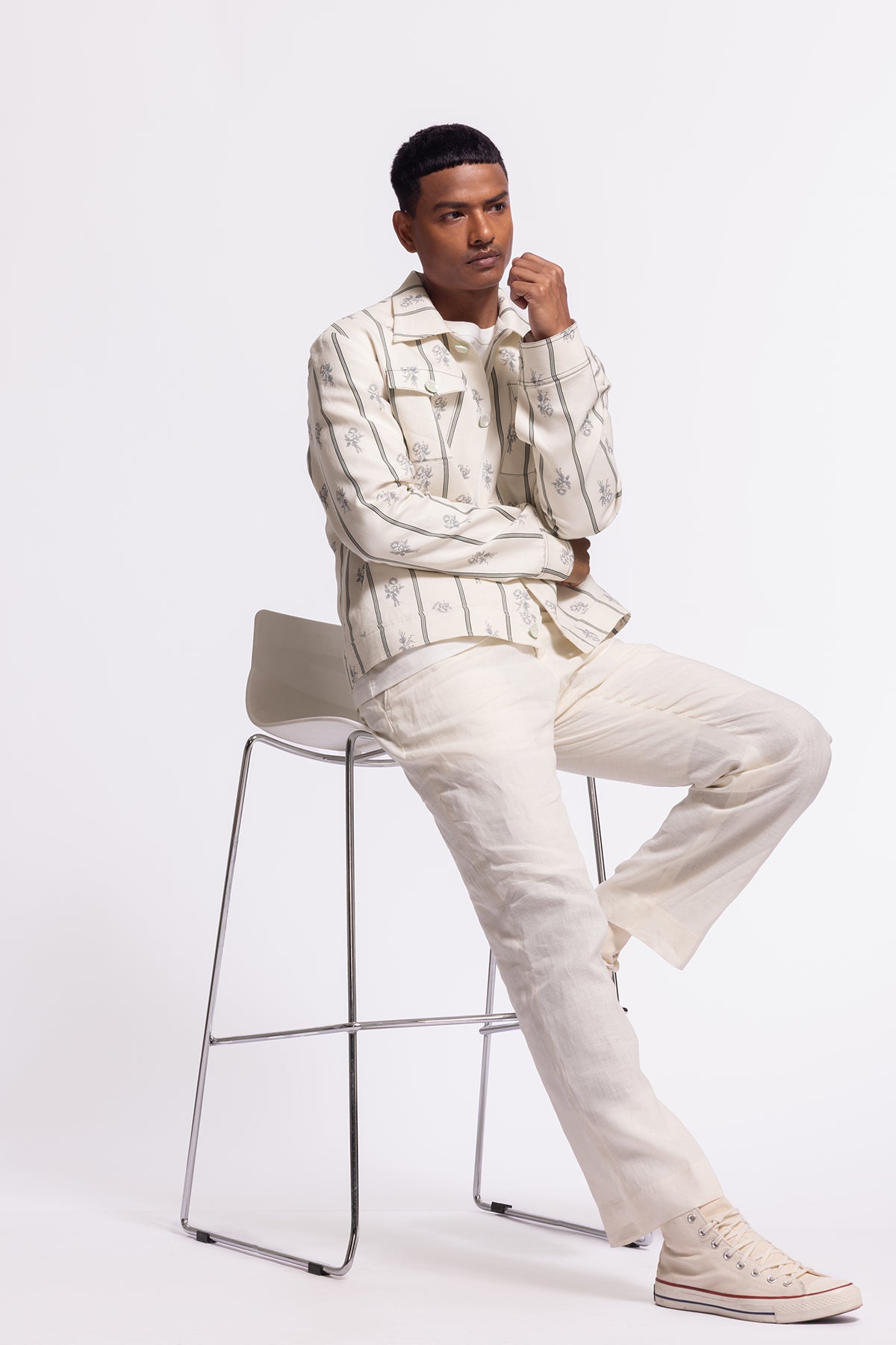 Men's Ivory Linen Jacket With Stripes
