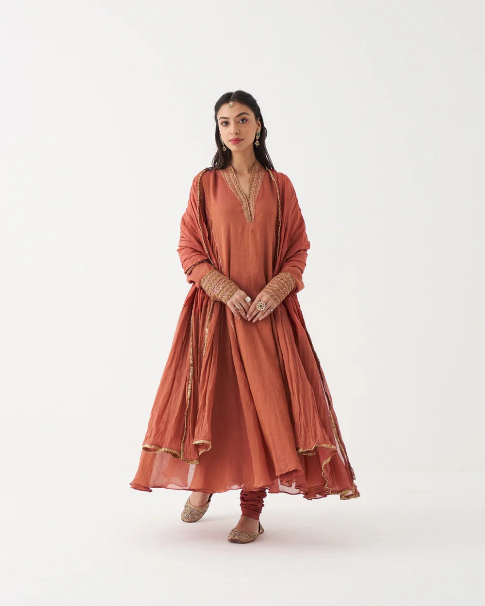 Azaira - Rust Orange Handwoven Tissue Chanderi Anarkali