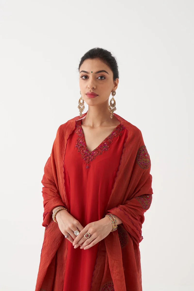 Shirin -  Red Habutai Silk Kurta And Tonal Organza-modal Silk Sharara