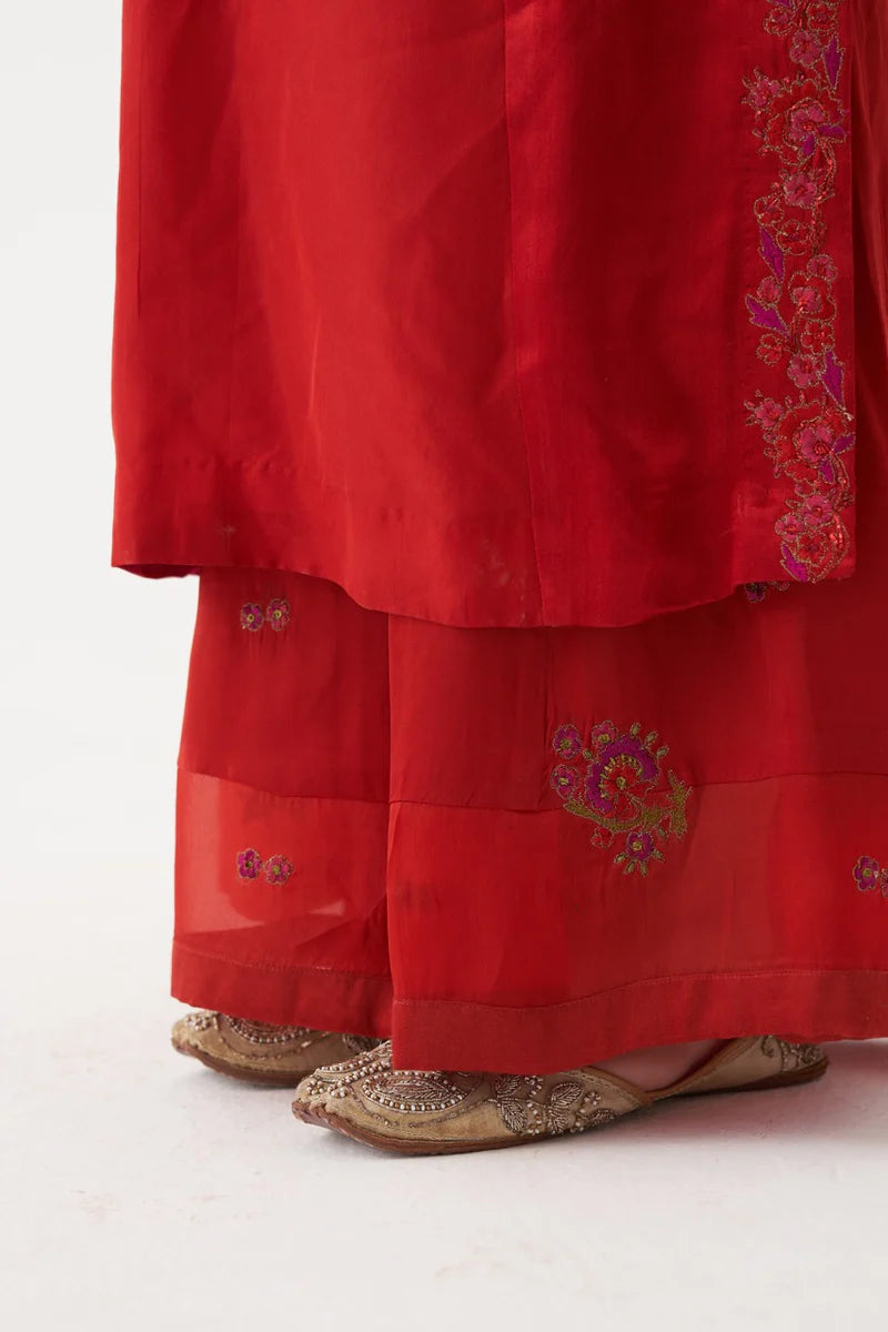 Shirin -  Red Habutai Silk Kurta And Tonal Organza-modal Silk Sharara