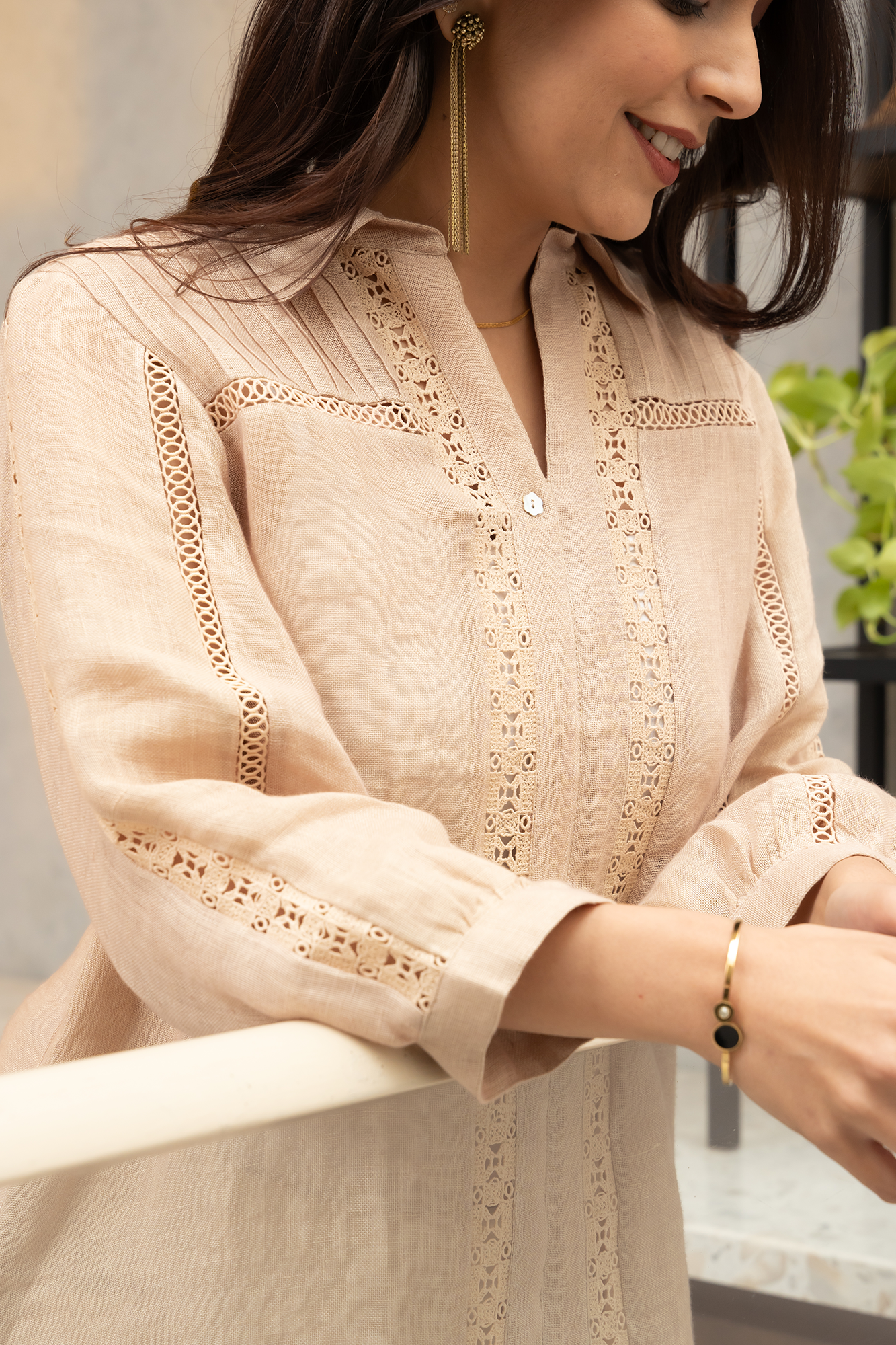 Beige Pure Linen Shirt With Lace Detailing