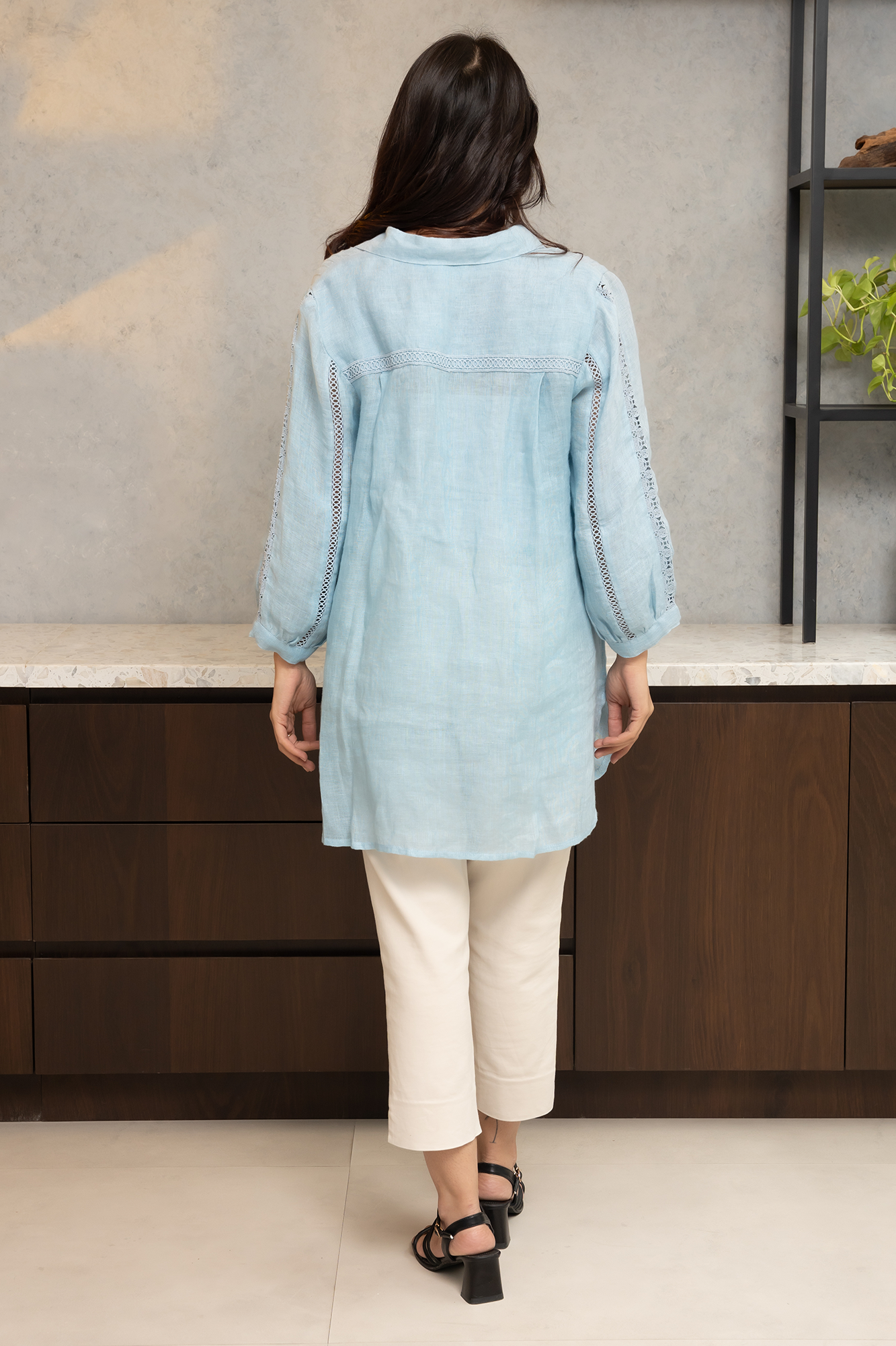 Powder Blue Pure Linen Shirt With Lace Detailing