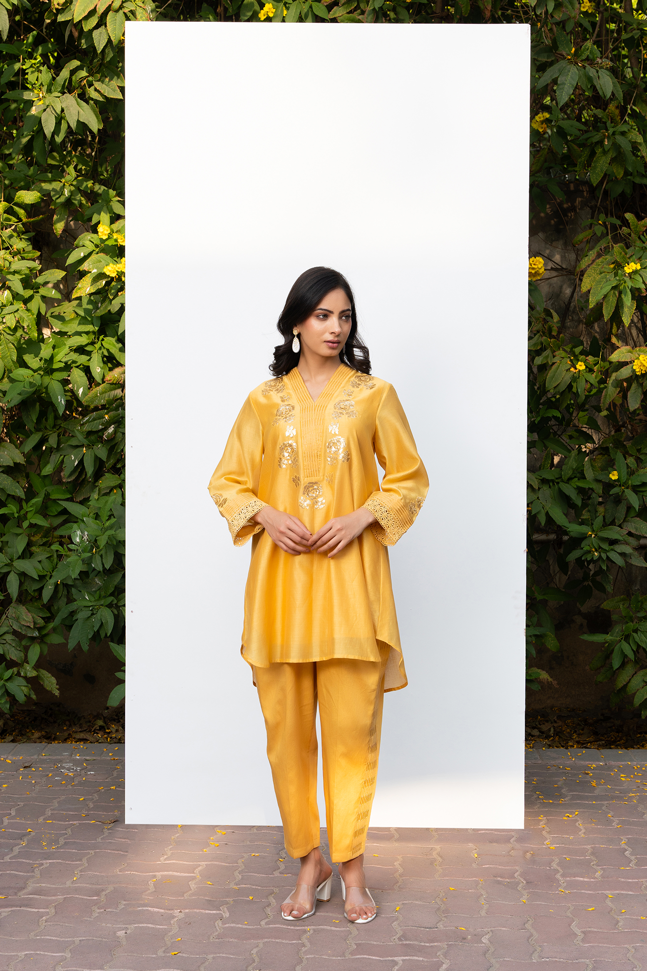 Yellow Rounded Set with Embroidered V-Neck