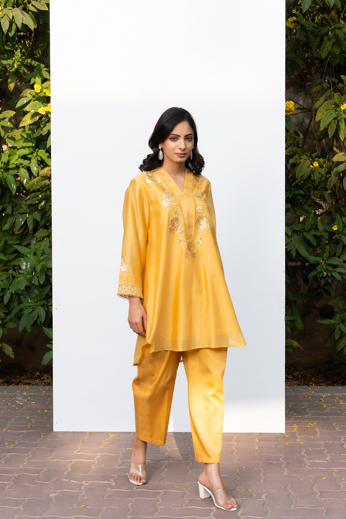 Yellow Rounded Set with Embroidered V-Neck