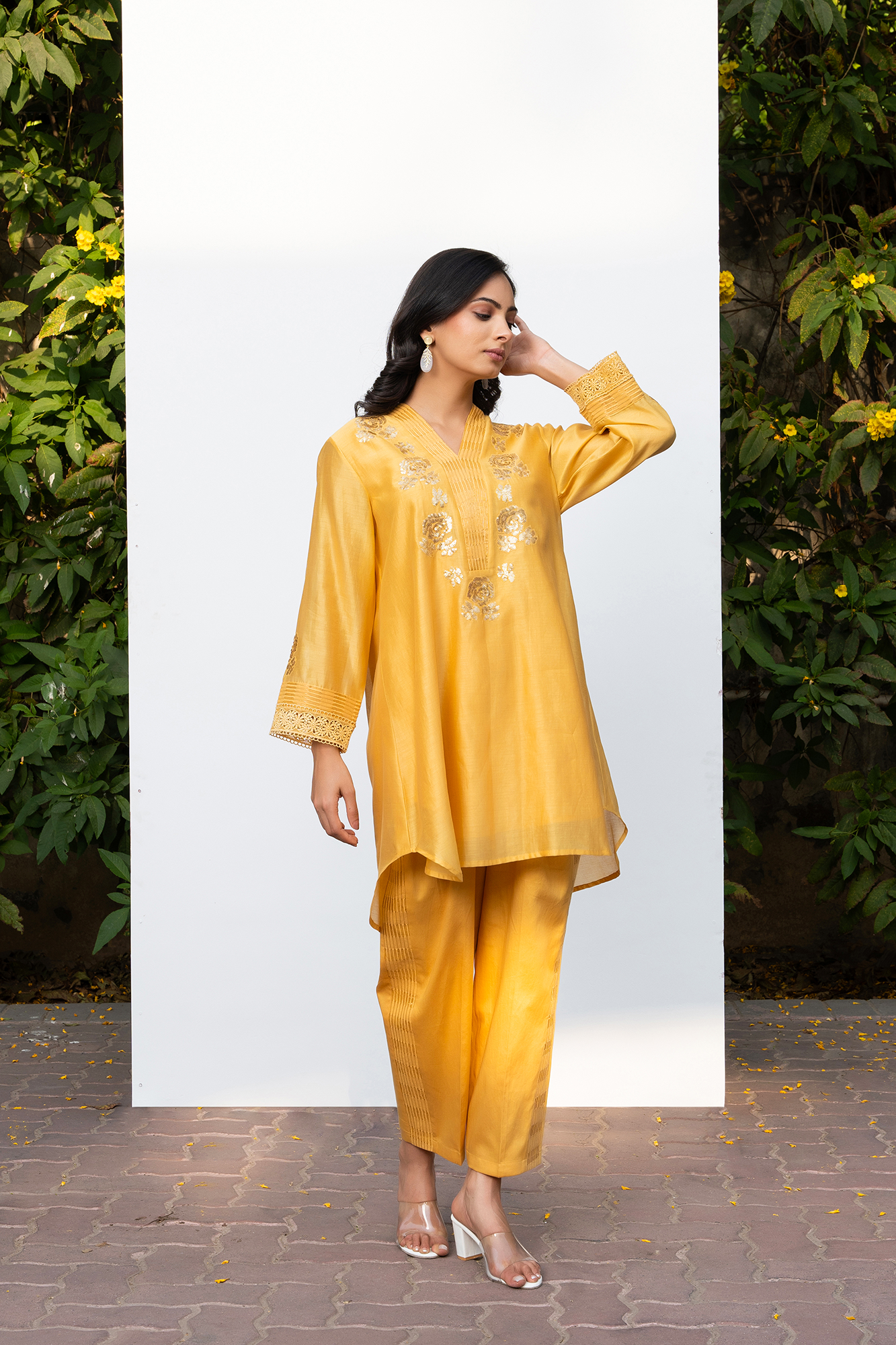 Yellow Rounded Set with Embroidered V-Neck