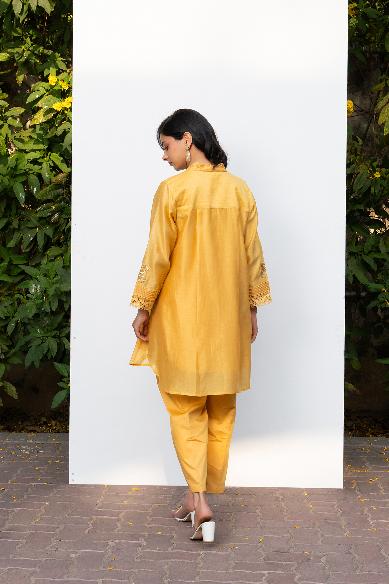 Yellow Rounded Set with Embroidered V-Neck