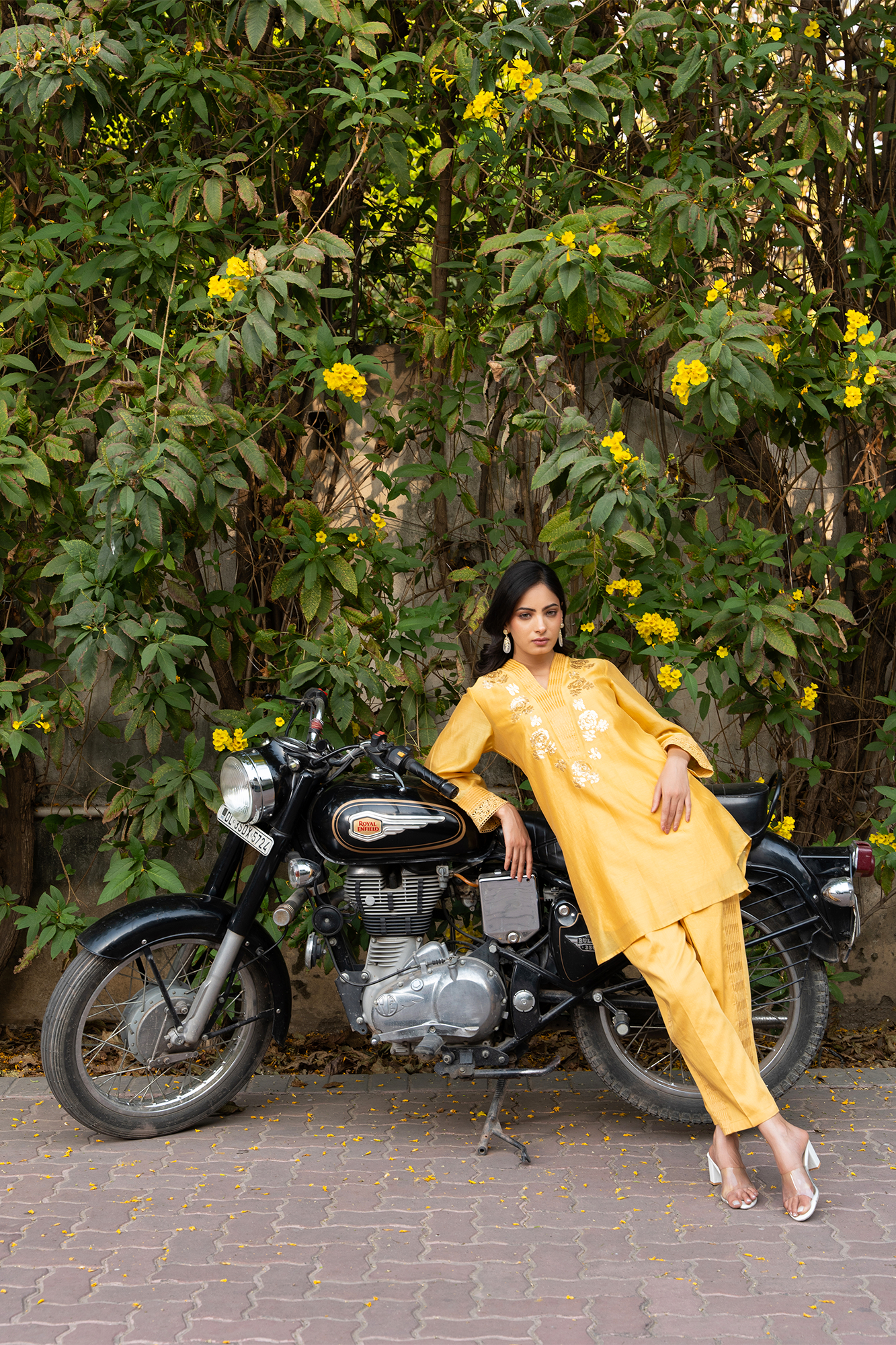 Yellow Rounded Set with Embroidered V-Neck