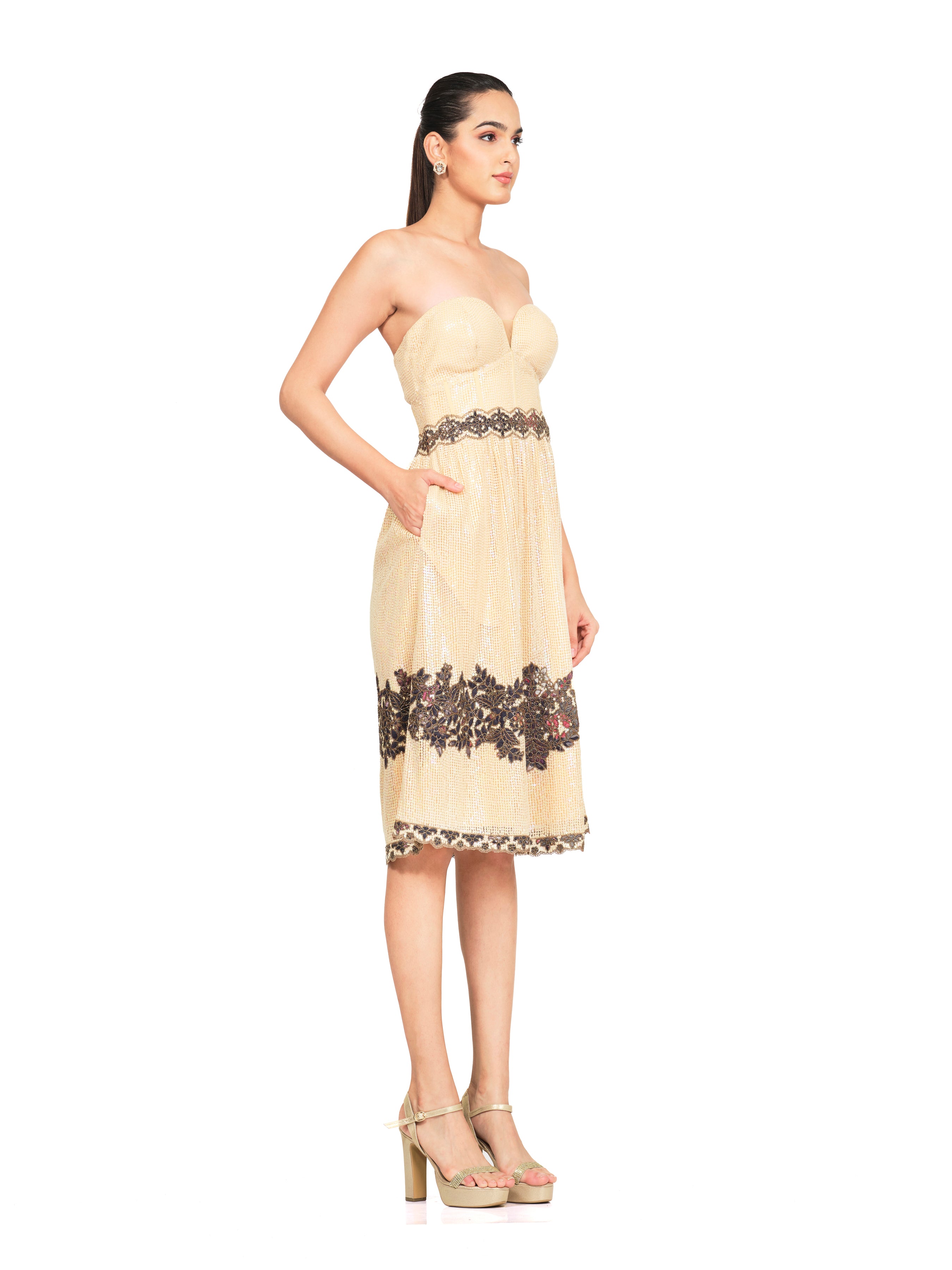Overall Sequins Sweetheart Neck Dress With Embroidered Detailing