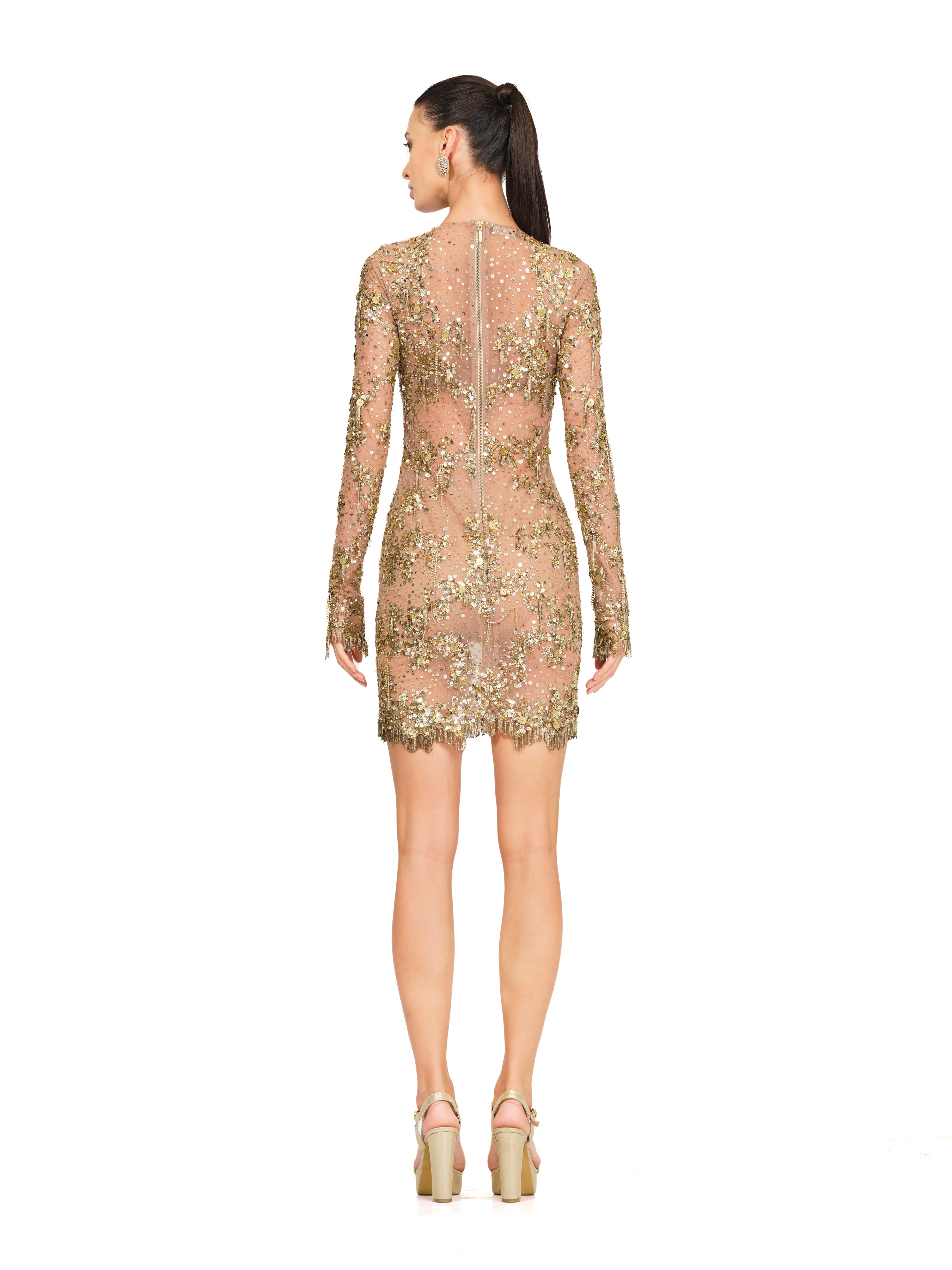 Gold Sheer Dress With Embroidery