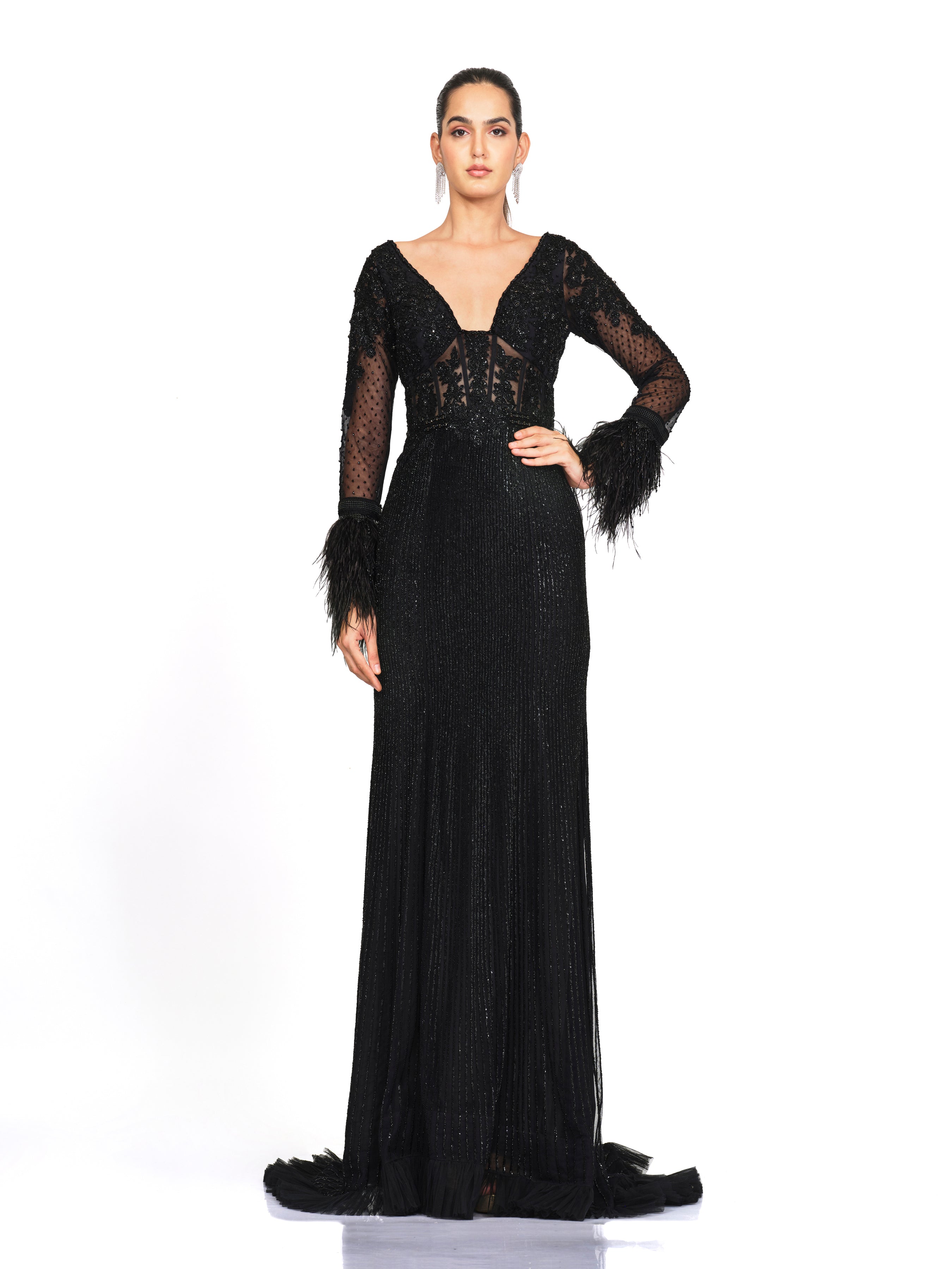 Beaded Embroidered Gown With Feather Detailing