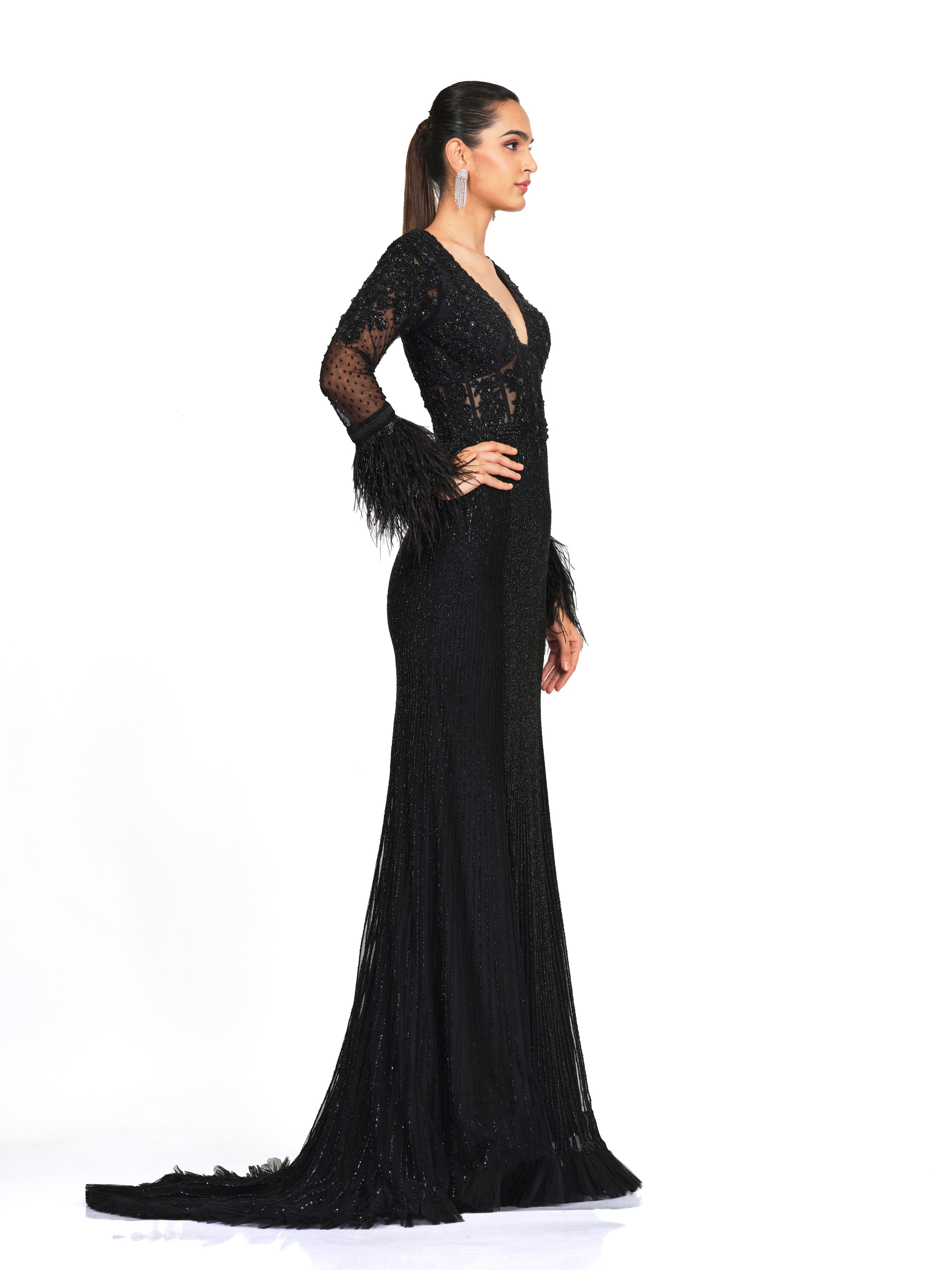 Beaded Embroidered Gown With Feather Detailing