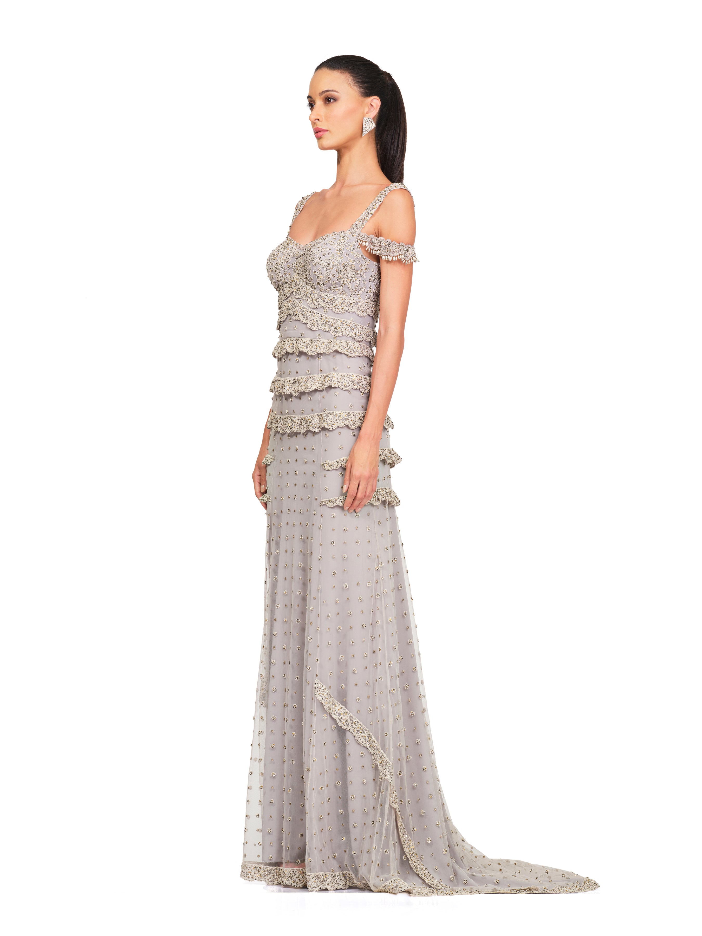 Grey Embroidered Straight Fit Gown With Cord Work Embroidery